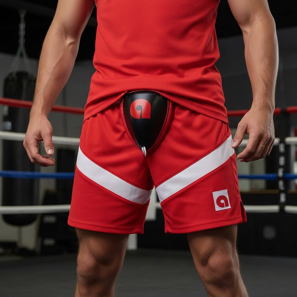 Alt View 1. Amber Sporting Goods - Steel Cup Groin Protector for Kickboxing Muay Thai MMA Padded Shell Adjustable Fit Large XL - Red/Blue.