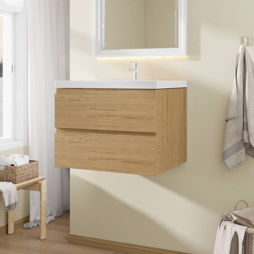 Front. Loheer - Loheer 24 Inch Floating Bathroom Vanity with Sink Oak Wall Mounted Cabinet - Oak.
