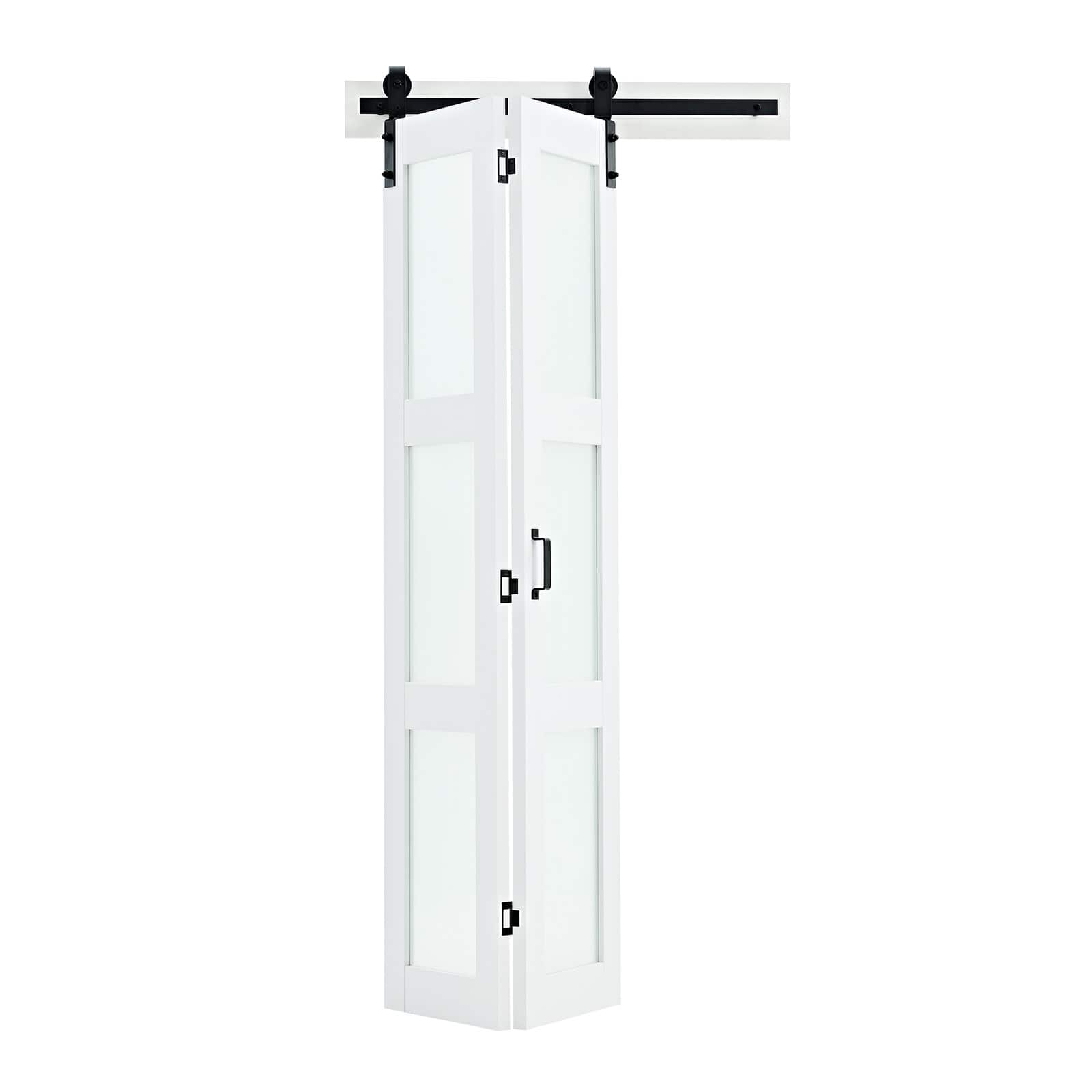 VEVOR - Bifold Barn Door, 36" x 84", Frosted Glass Barn Door with Header Board and Hardware Kit Included, Space-Saving Design - White