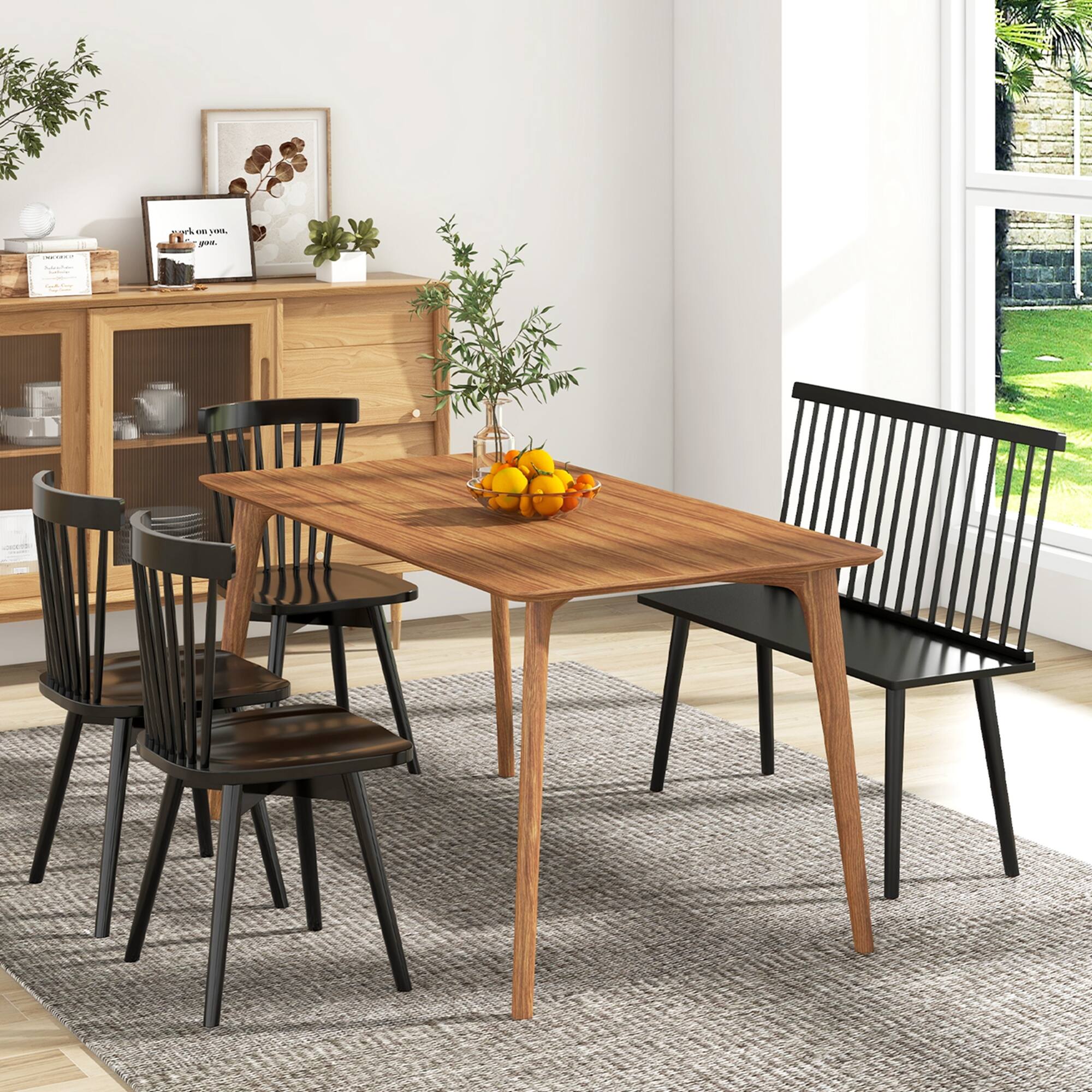 Alt View 15. Costway - Entryway Bench for 2 Windsor Rubber Wood Dining Bench with Spindle Back Black - Black.