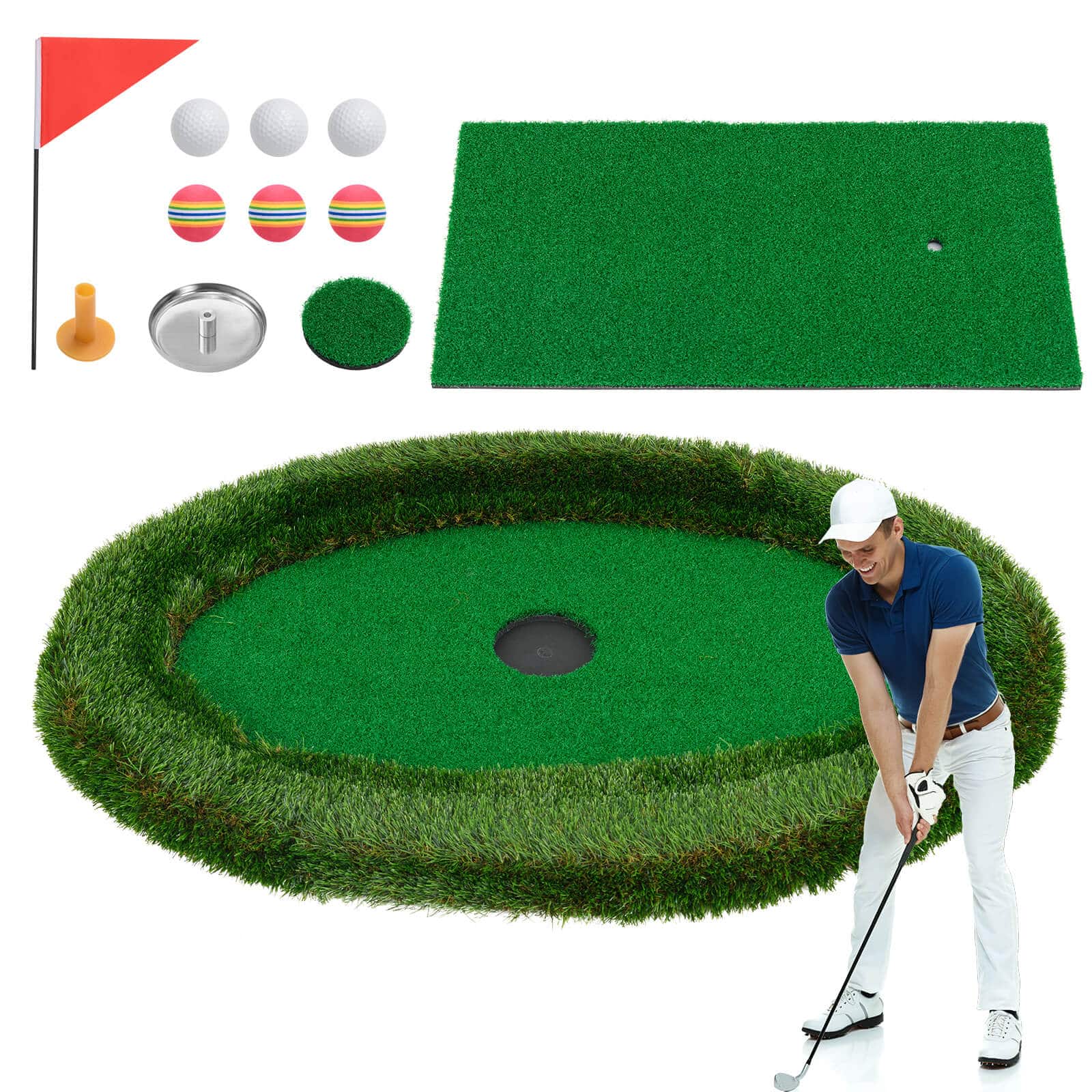 Costway - Oval Floating Golf Includes Golf Hitting Mat 6 Golf Balls Golf Flag - Green