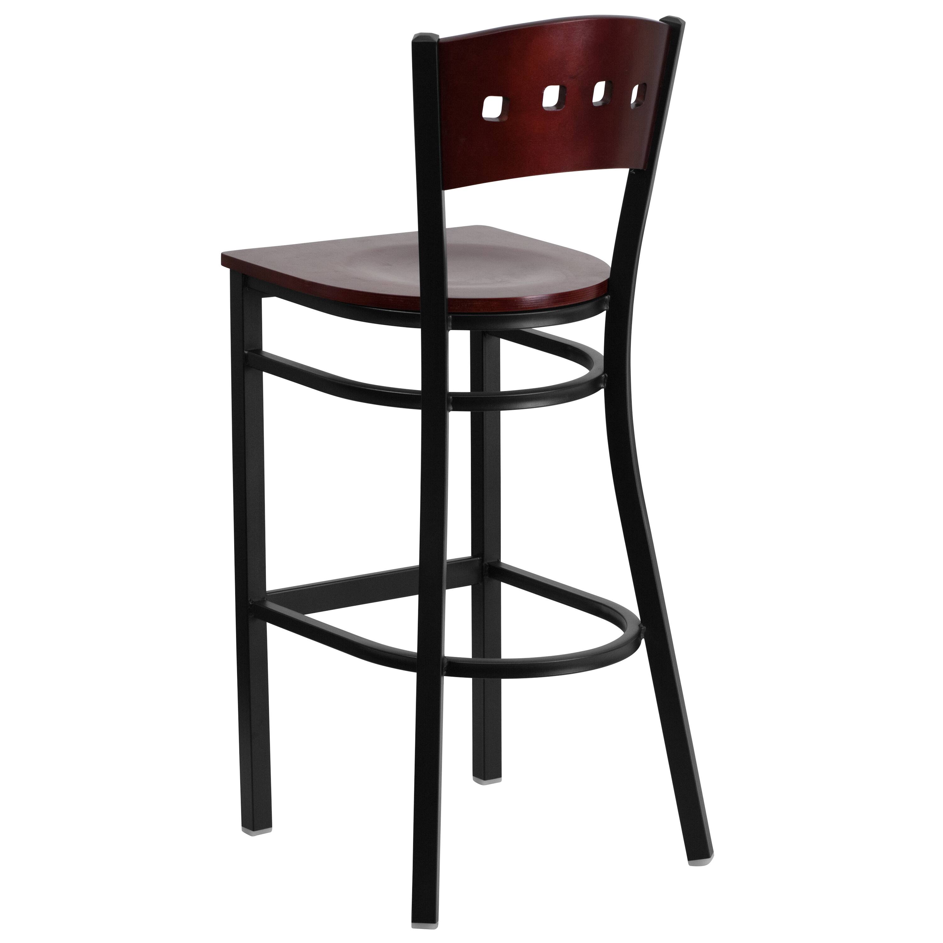Alt View 3. Emma + Oliver - Decorative 4 Square Back Metal Restaurant Dining Barstool - Mahogany Wood Back/Mahogany Wood Seat/Black Metal.