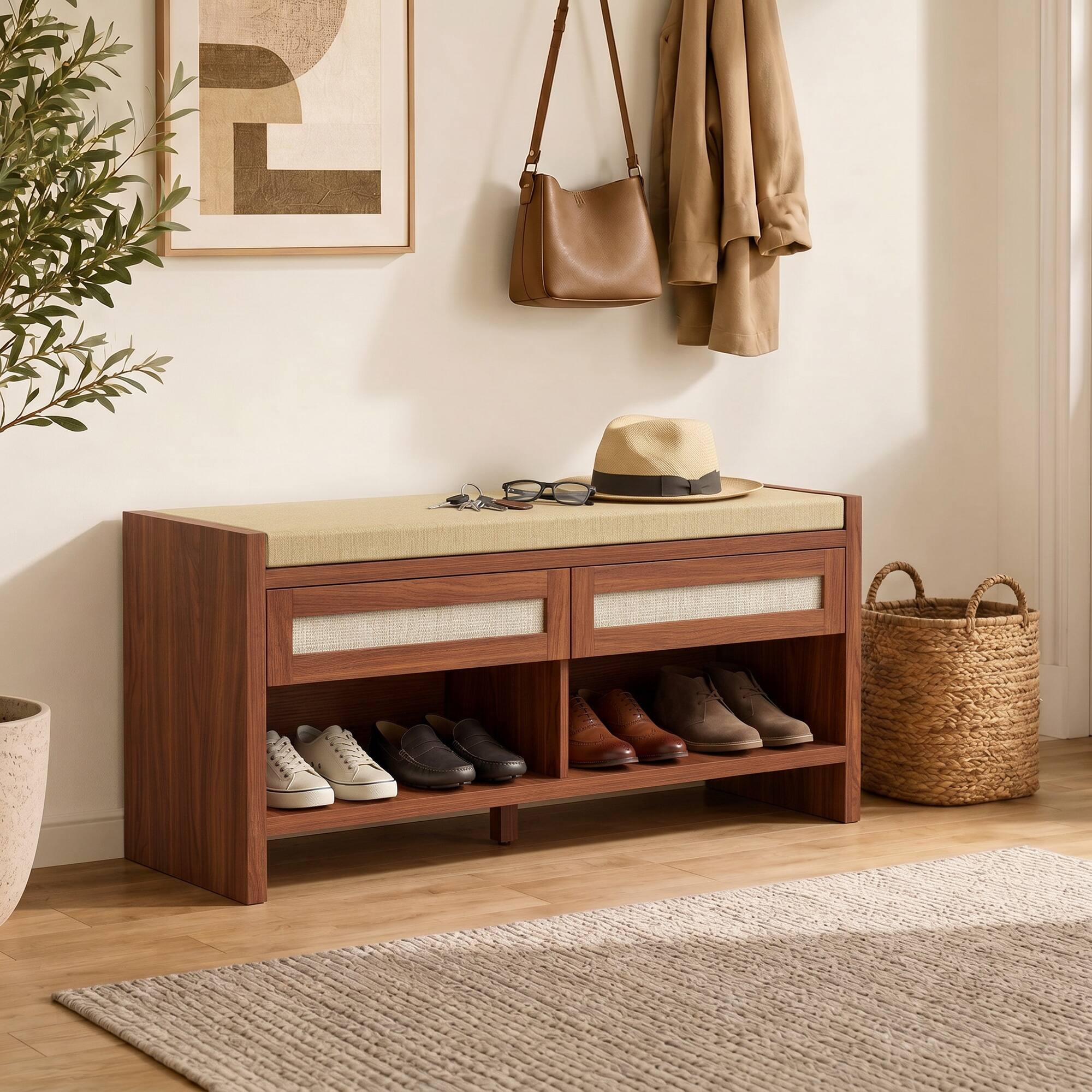 Alt View 8. Homcom - Bench with Cushioned Seat Shoe Storage Bench with 2 Rattan Drawers and Open Shelf - Brown.