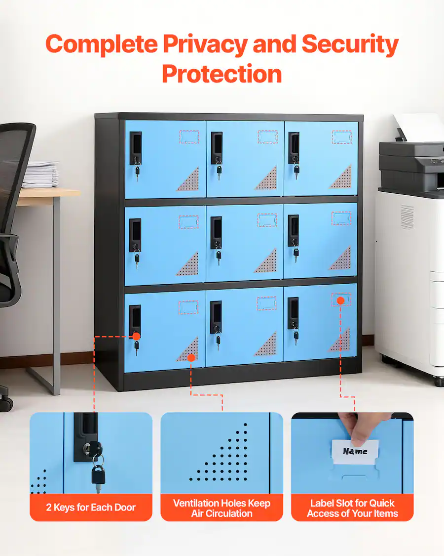 VEVOR 9 Doors Metal Locker, Lockable Steel Storage Cabinet, 66 lbs ...