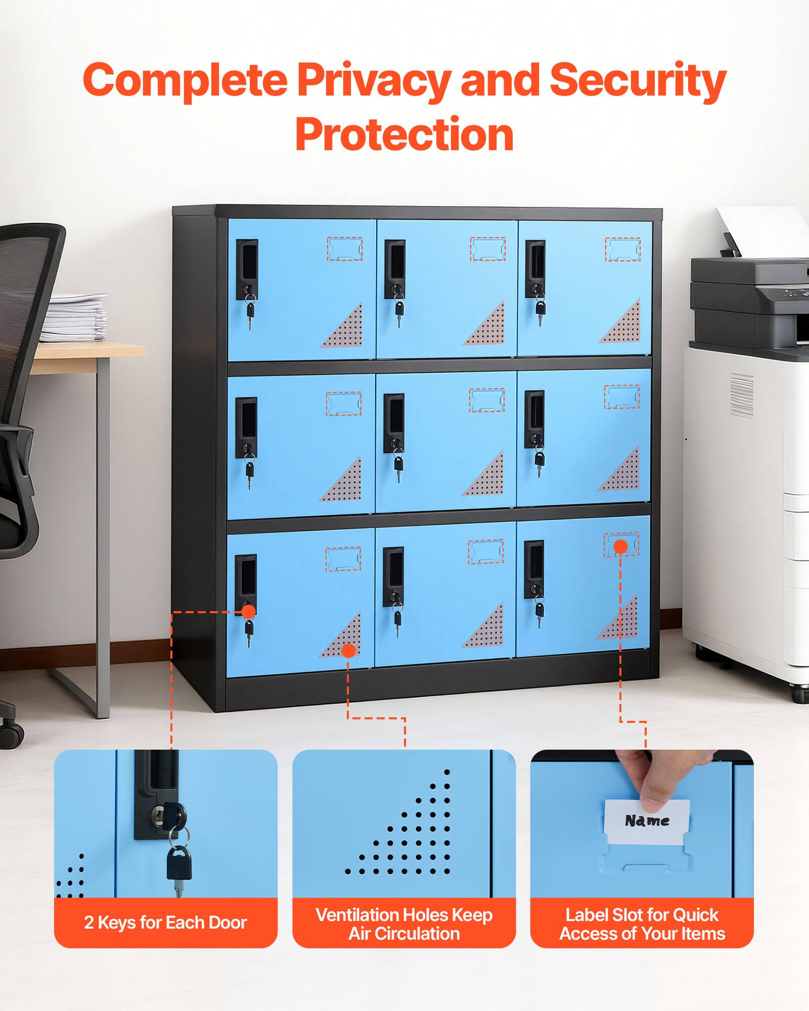 Complete Privacy and Security Protection  
1. 2 Keys for Each Door  
2. Ventilation Holes Keep Air Circulation  
3. Label Slot for Quick Access of Your Items