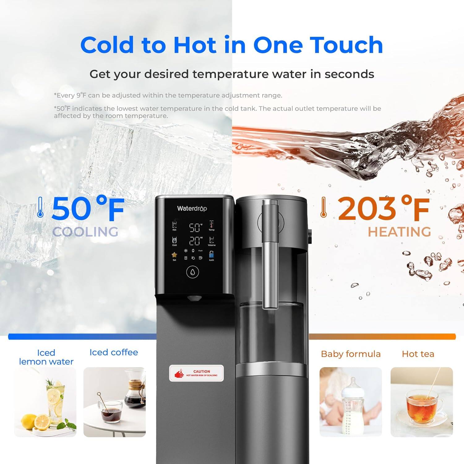 Cold to Hot in One Touch
Get your desired temperature water in seconds
*Every 9°F can be adjusted within the temperature adjustment range.
50°F COOLING
Waterdrop 50 i 20
203°F HEATING
Iced lemon water
Iced coffee
Baby formula
Hot tea
CAUTION