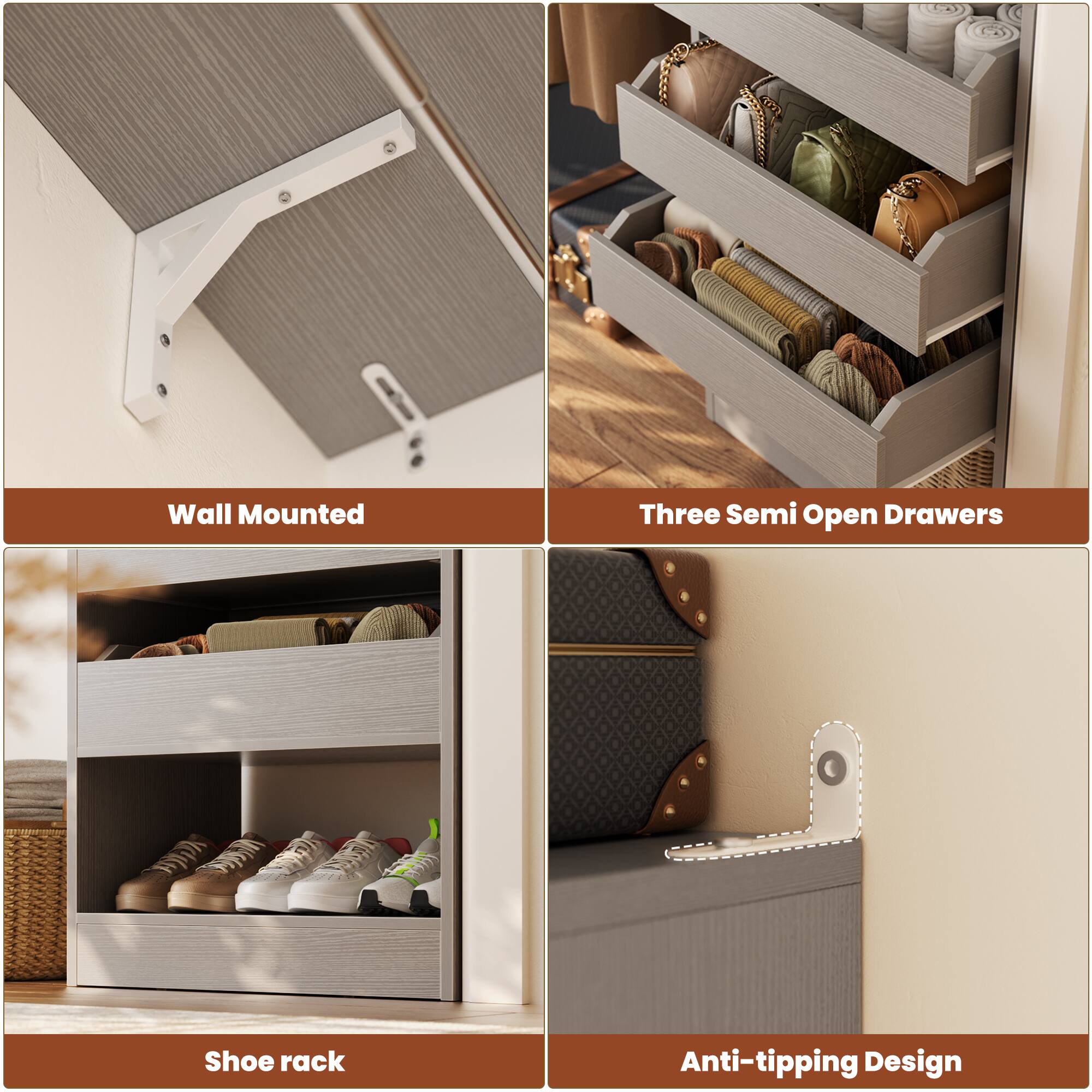 Wall Mounted Three Semi Open Drawers Shoe rack Anti-tipping Design