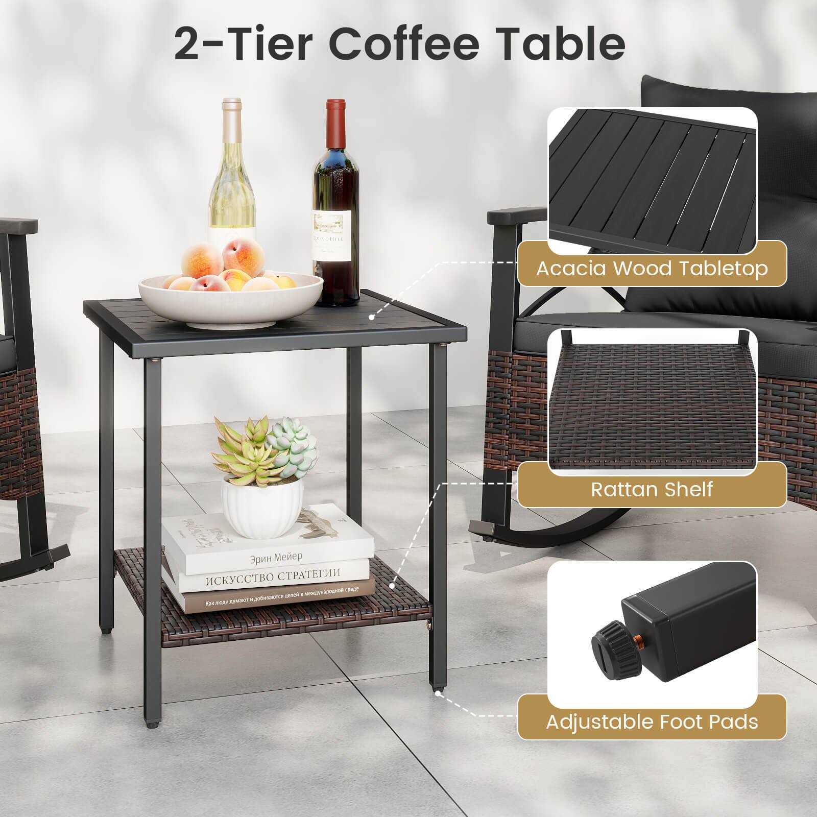 2-Tier Coffee Table  
Acacia Wood Tabletop  
Rattan Shelf  
Adjustable Foot Pads