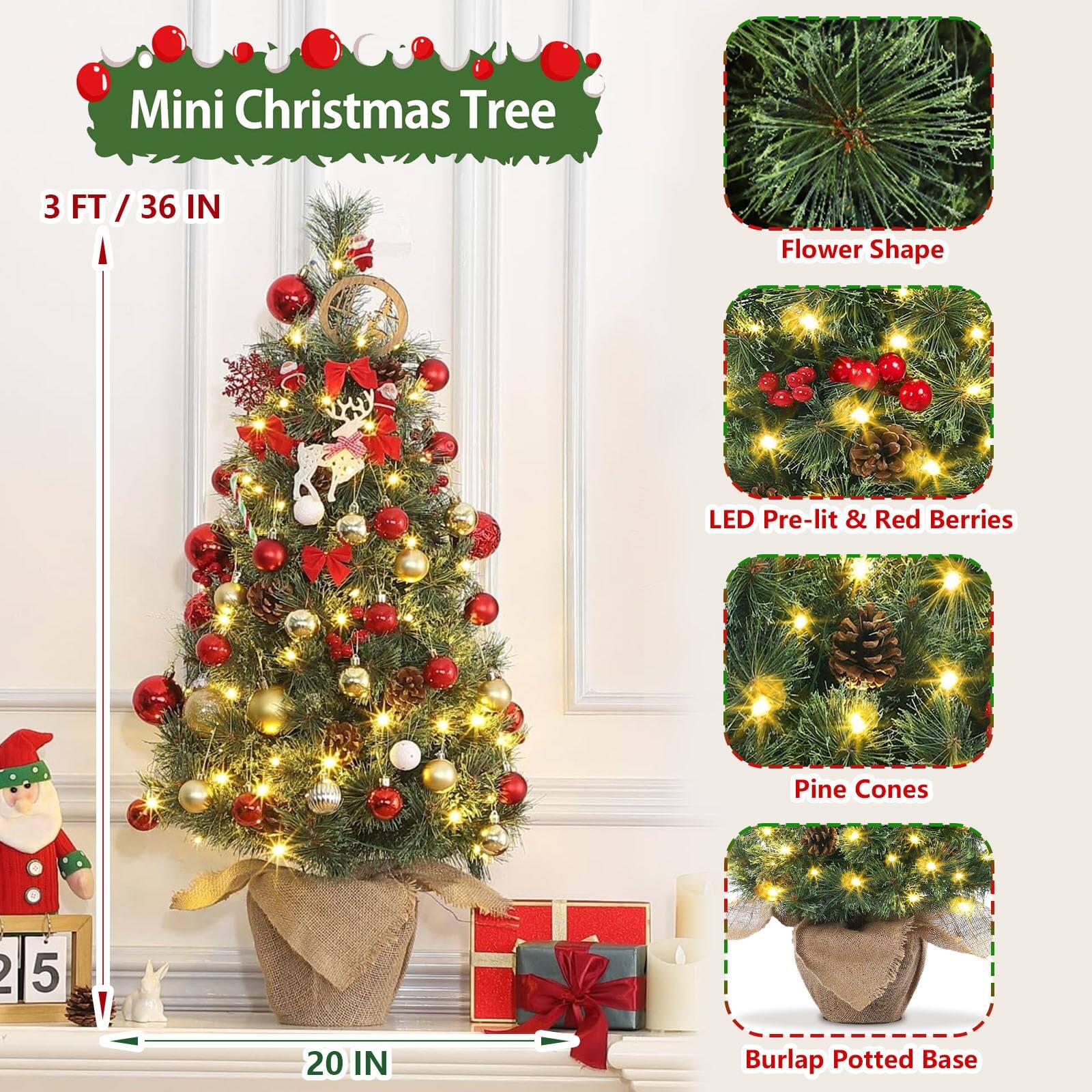 Mini Christmas Tree  
3 FT / 36 IN  
Flower Shape  
LED Pre-lit & Red Berries  
Pine Cones  
Burlap Potted Base  
20 IN
