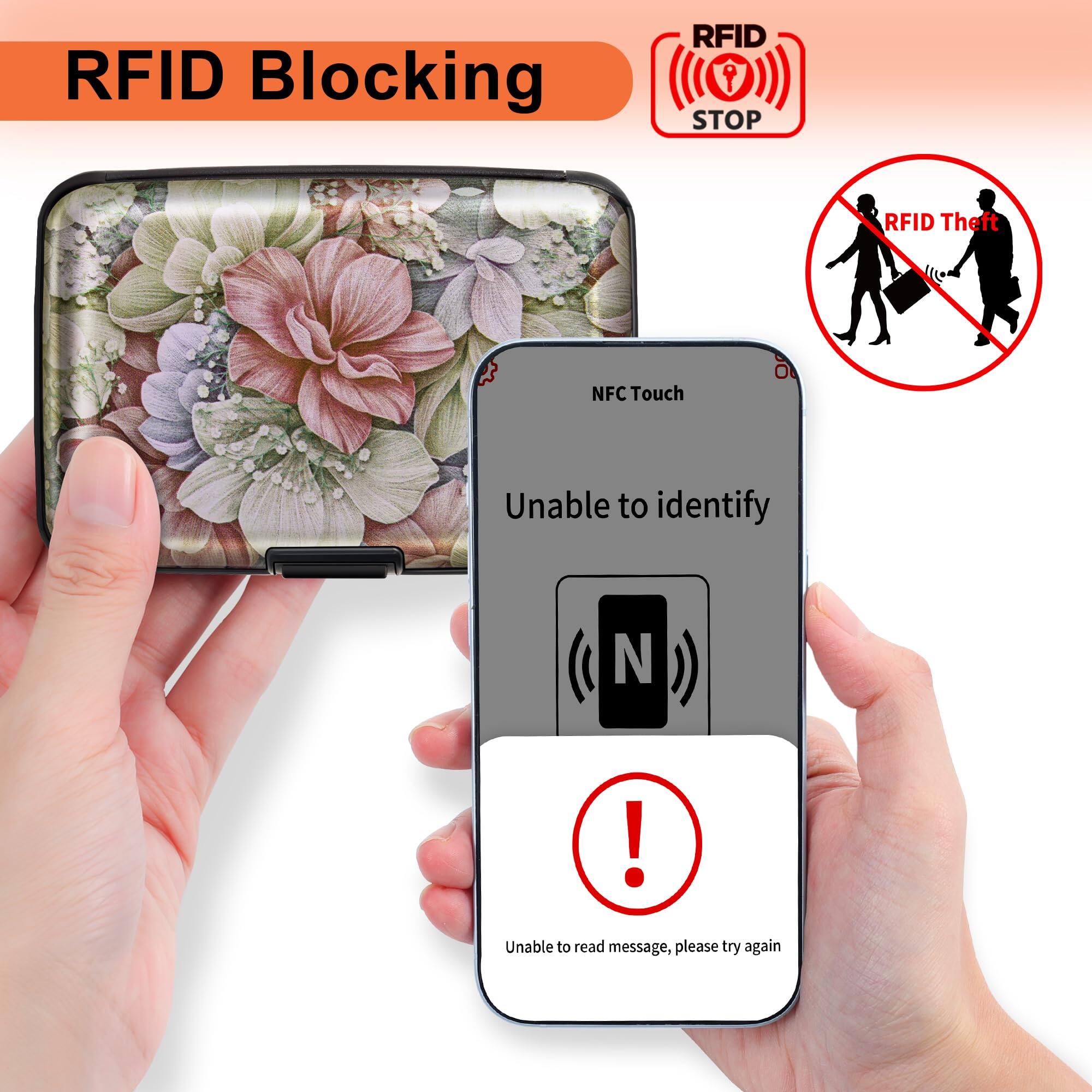 Left. Jadie Link - Credit Card Holder Women Rfid Blocking Aluminum Alloy Hard Case Small Mini Metal Wallet Men Happy Flower RFID-blocking - Colorful Bird.