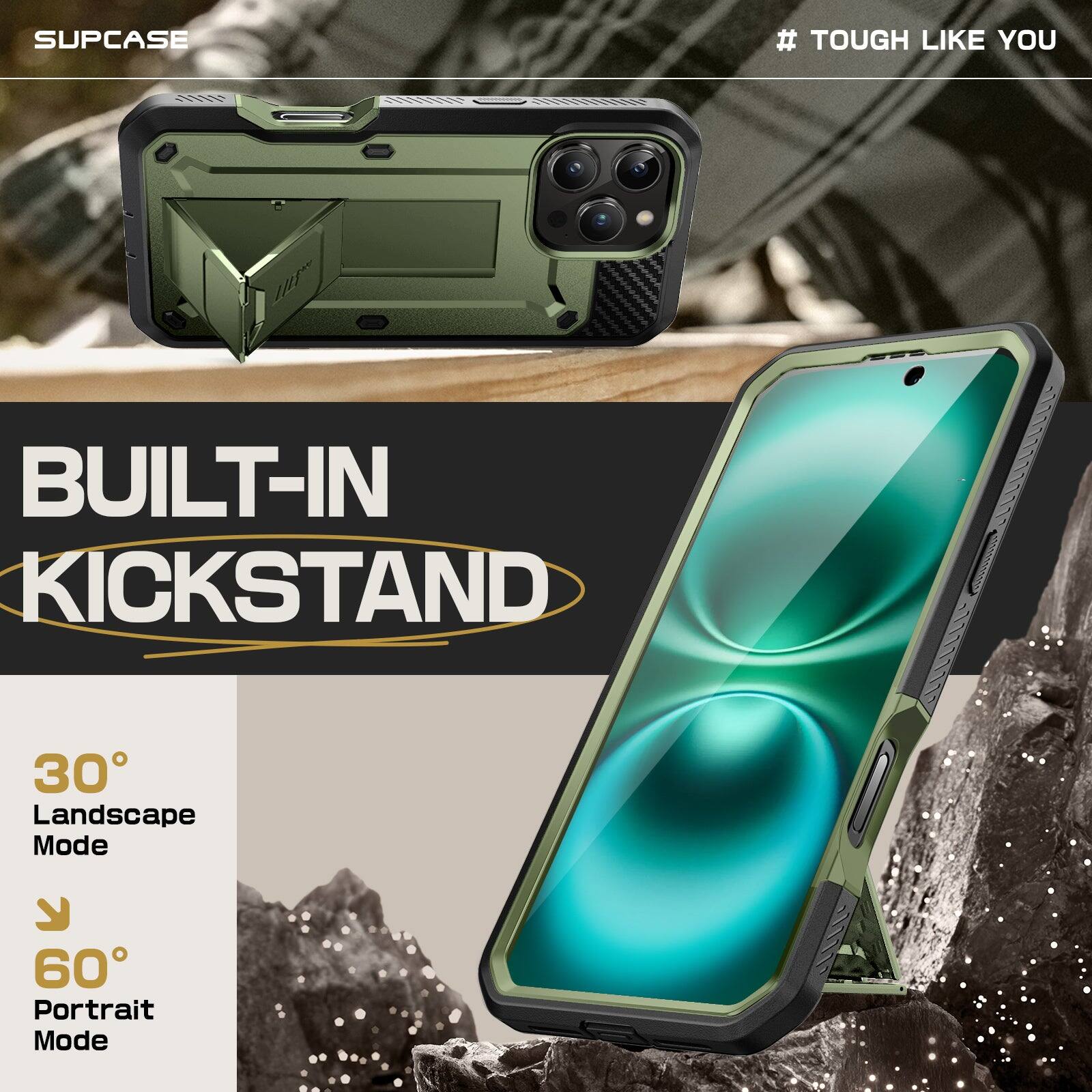SUPCASE # TOUGH LIKE YOU BUILT-IN KICKSTAND 30° Landscape Mode 60° Portrait Mode
