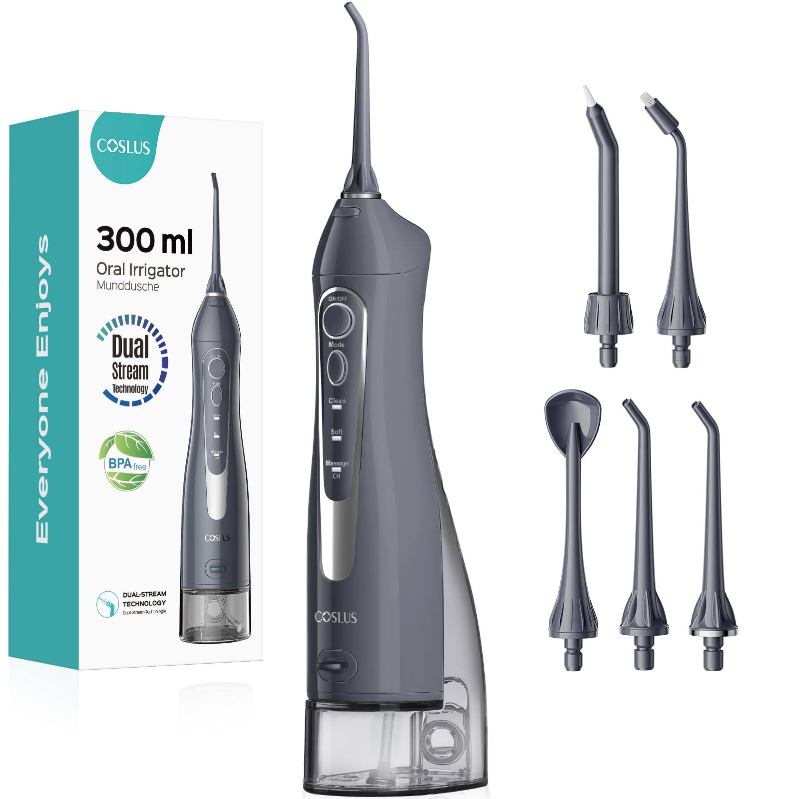 COSLUS Everyone Enjoys 300 ml Oral Irrigator Munddusche Dual Stream Technology BPA free

DUAL-STREAM TECHNOLOGY

ON AR Mode
Clean
Massage
CH