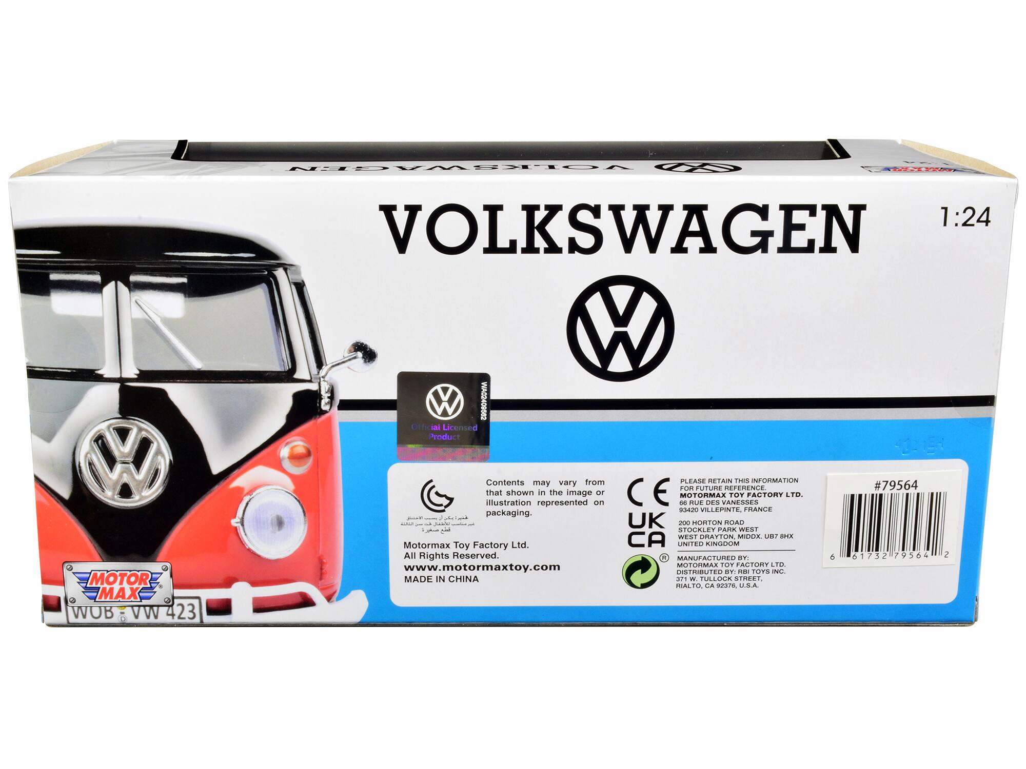VOLKSWAGEN  
1:24  

MOTOR MAX  
WOB VW 423  

Official Licensed Product  

Motormax Toy Factory Ltd.  
All Rights Reserved.  
www.motormaxtoy.com  
MADE IN CHINA  

Contents may vary from illustration represented on packaging.  

PLEASE RETAIN THIS INFORMATION FOR FUTURE REFERENCE.  
Motormax Toy Factory Ltd.  
93420 VILLEPINTE, FRANCE  
200 HORTON ROAD  
WEST DRAYTON, MIDDLEX, UB7 8HX  
UNITED KINGDOM  

MANUFACTURED BY: Motormax Toy Factory Ltd.  
DISTRIBUTED BY: R.I. TOYS INC.  
371 W TULLOCK STREET,  
NORTON CA 92276, U.S.A.  

#79564  

CE  
UK  
CA  

61732 79564 2
