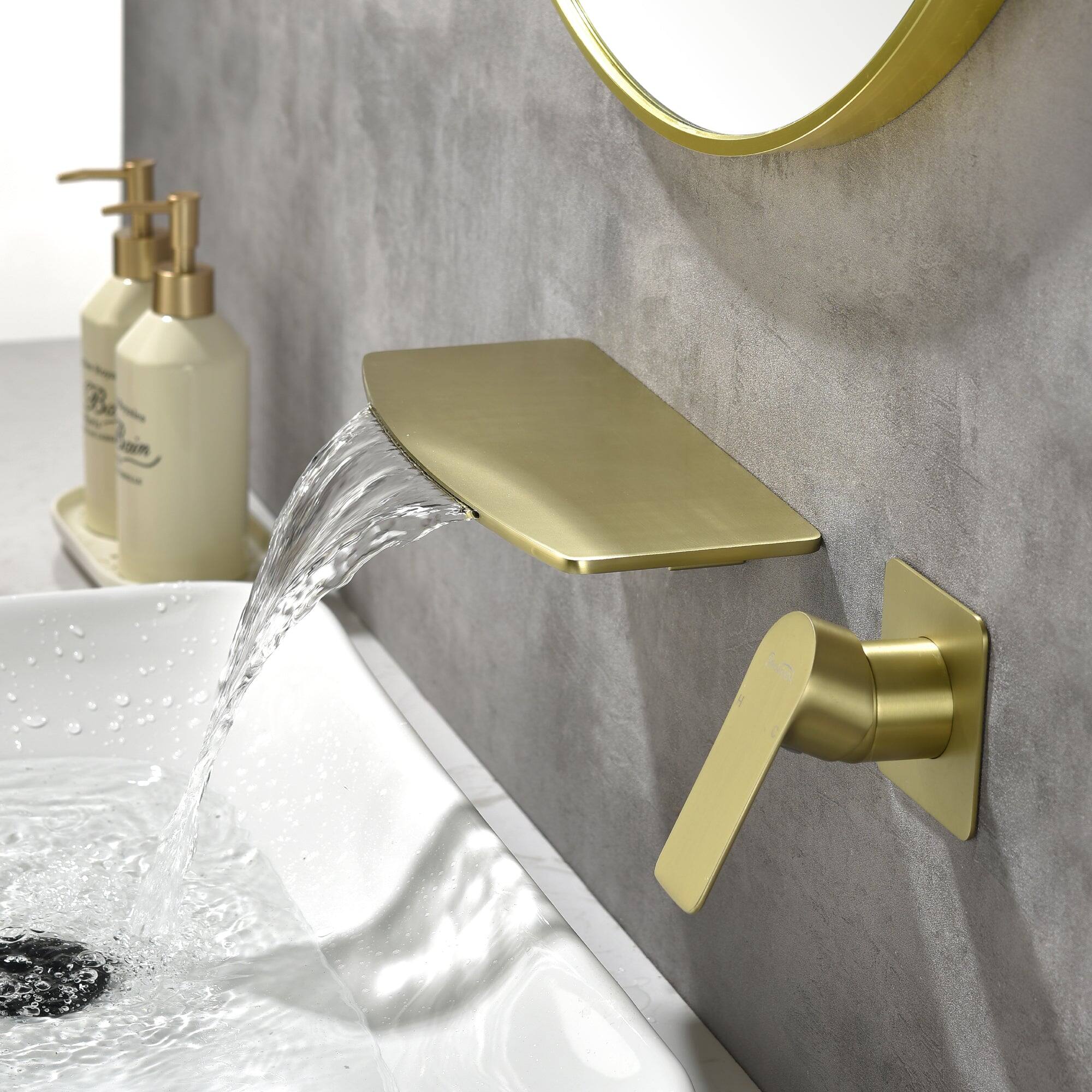 Left. Boyel Living - Modern Waterfall Single Handle Wall Mounted Faucet (Use at Basin or Bathtub) with Rough-in Valve - Brushed Gold.