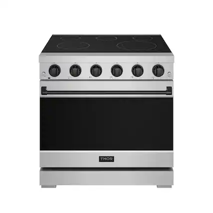 Front. Thor Kitchen - 36 in. Wide 5 Elements Gordon Ramsay Series by Thor Kitchen 6.0 Cu. Ft Freestanding Electric Range with Black Hardware - Stainless Steel.