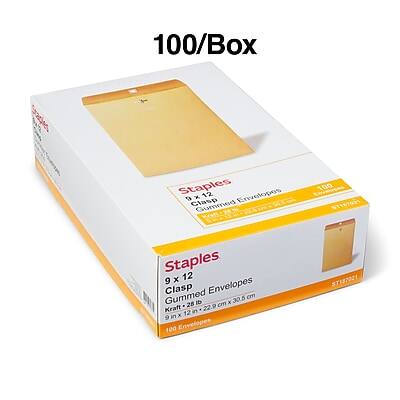 100/Box  
Staples  
Clasp Envelopes  
Gummed  
Cut 9 x 12  
100 Envelopes  
9 x 12 in (22.9 cm x 28 cm)  
ST187021