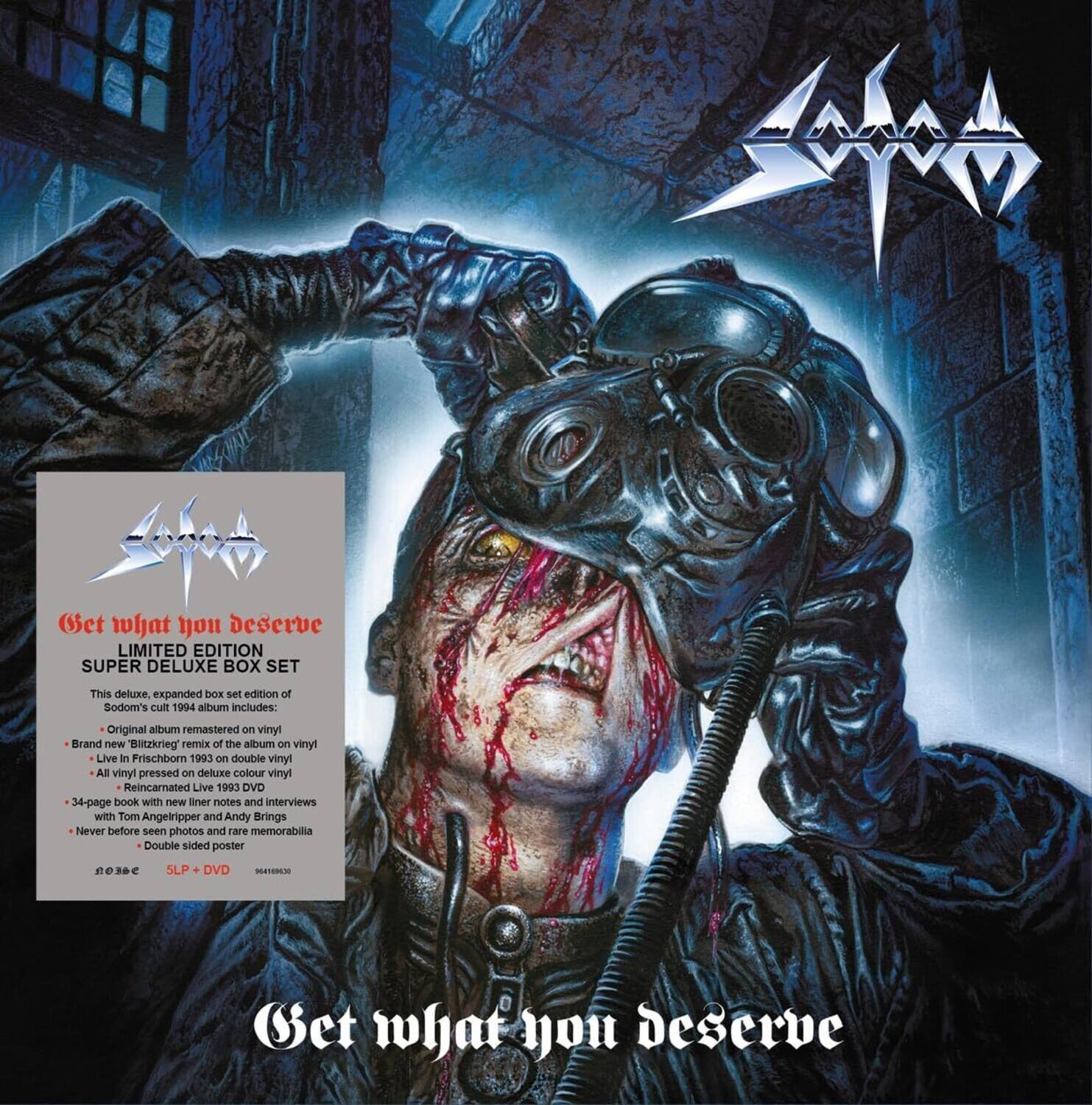Get what you deserve  
LIMITED EDITION SUPER DELUXE BOX SET  

This deluxe, expanded box set edition of Sodom's cult 1994 album includes:  
- Original album remastered on vinyl  
- Brand new Blitzkrieg remix of the album on vinyl  
- Live at Frischborn 1993 on double vinyl  
- All vinyl pressed on deluxe colour vinyl  
- Reincarnated Live 1993 DVD  
- 34-page book with new liner notes and interviews with Tom Angelripper and Andy Brings  
- Never before seen photos and rare memorabilia  
- Double sided poster  

5 LP + DVD  

Get what you deserve