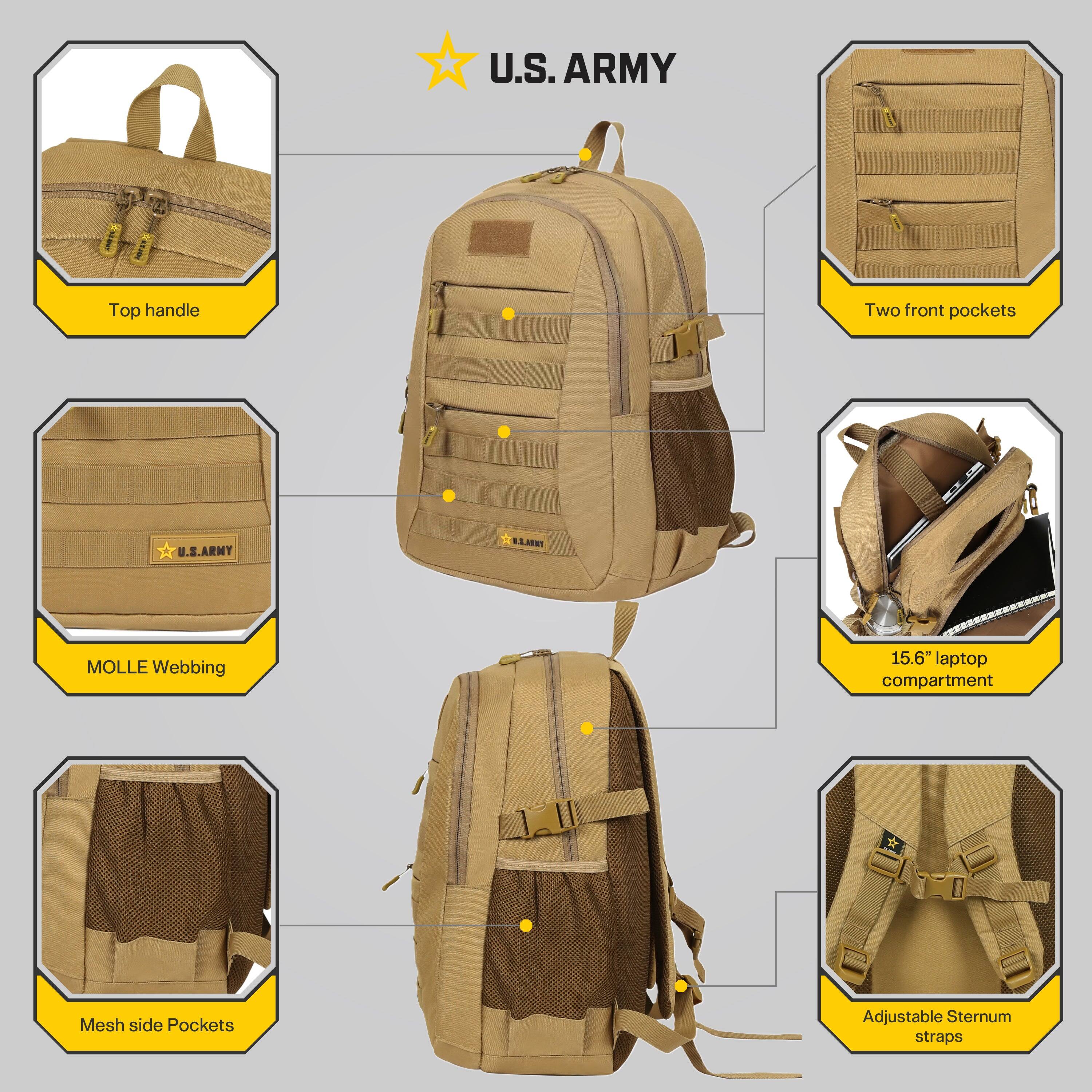 U.S. ARMY

- Top handle
- Two front pockets
- MOLLE Webbing
- Mesh side Pockets
- 15.6" laptop compartment
- Adjustable Sternum straps
