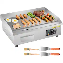 Glintex - Commercial Electric Griddle 21"x11.8", 1750W Countertop Flat Top Grill, 122-570°F Temp, with Spatulas & Brushes - Silver