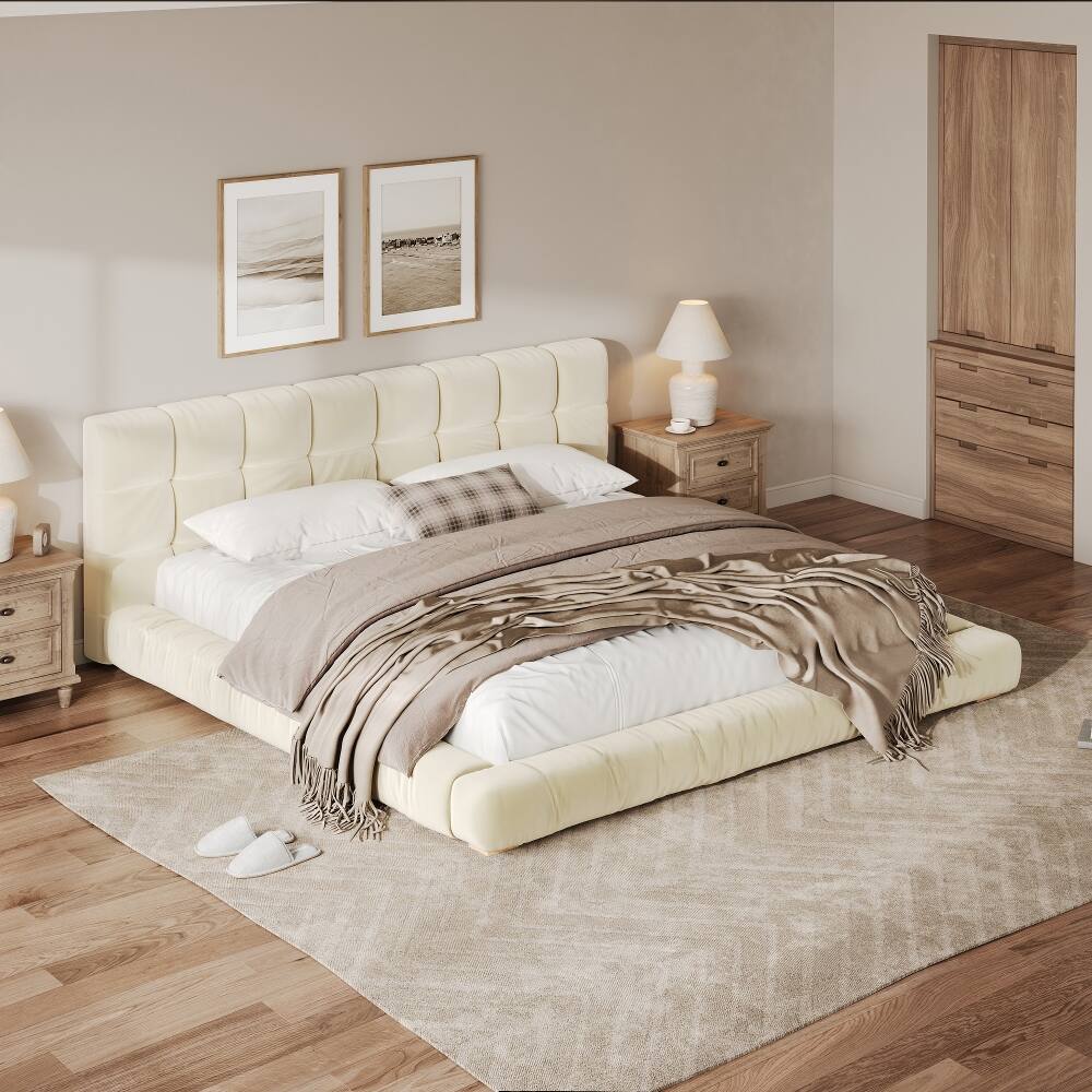 Angle. Loheer - Loheer King Size Bed Frame Upholstered Platform Bed Velvet Beige Tufted Headboard Low Profile - Beige.