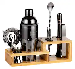 Touch of Mixology - Cocktail Shaker Set - 14 Piece Stainless Steel Bartender Kit with Bamboo Stand - Gift Ready Bar Accessories - Dark Metallic