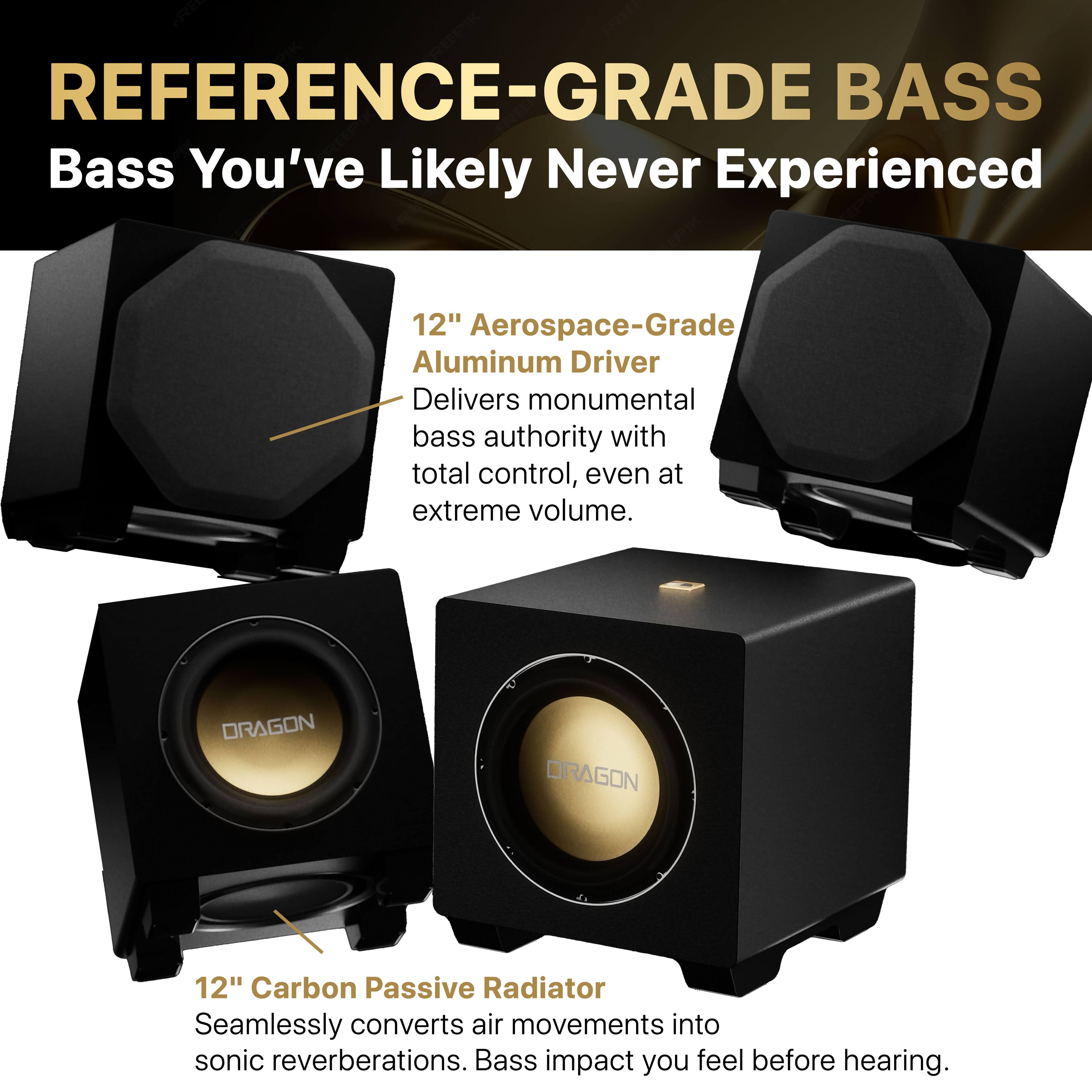 REFERENCE-GRADE BASS  
Bass You've Likely Never Experienced  

12" Aerospace-Grade Aluminum Driver  
Delivers monumental bass authority with total control, even at extreme volume.  

12" Carbon Passive Radiator  
Seamlessly converts air movements into sonic reverberations. Bass impact you feel before hearing.