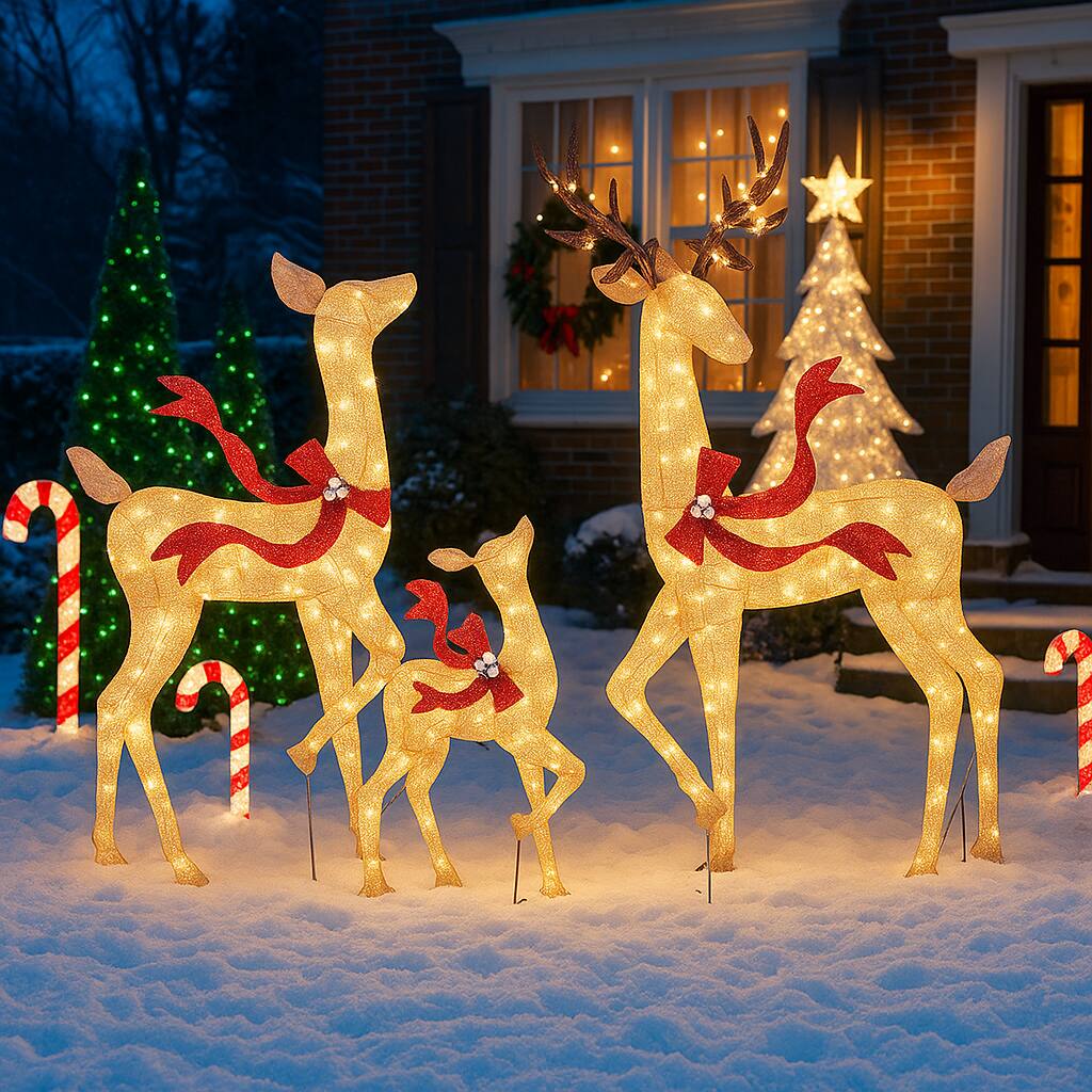 Front. BreeBe - Prelit Deer Trio Christmas Decoration for Yard or Porch - White.