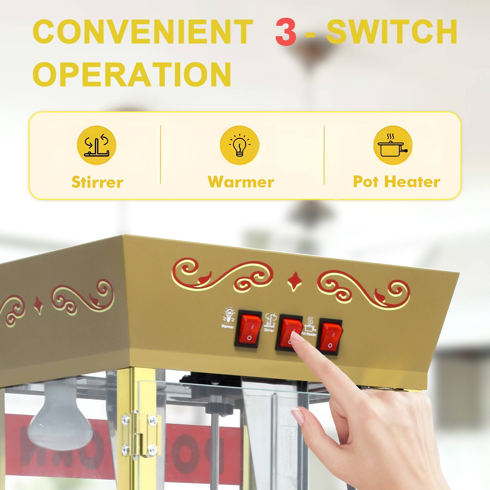 CONVENIENT 3-SWITCH OPERATION

Stirrer | Warmer | Pot Heater