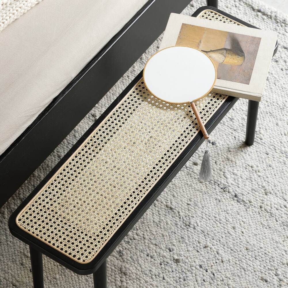 Alt View 4. Ropilly - Ropilly Modern Black Rattan Bench Solid Oak Wood Dining Entryway Seating End of Bed Bedroom Furniture - Black.