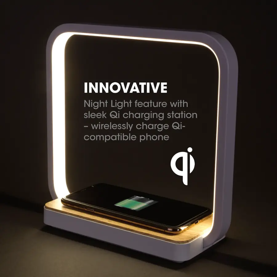 INNOVATIVE Night Light feature with sleek Qi charging station - Wirelessly charge Qi-compatible phones.