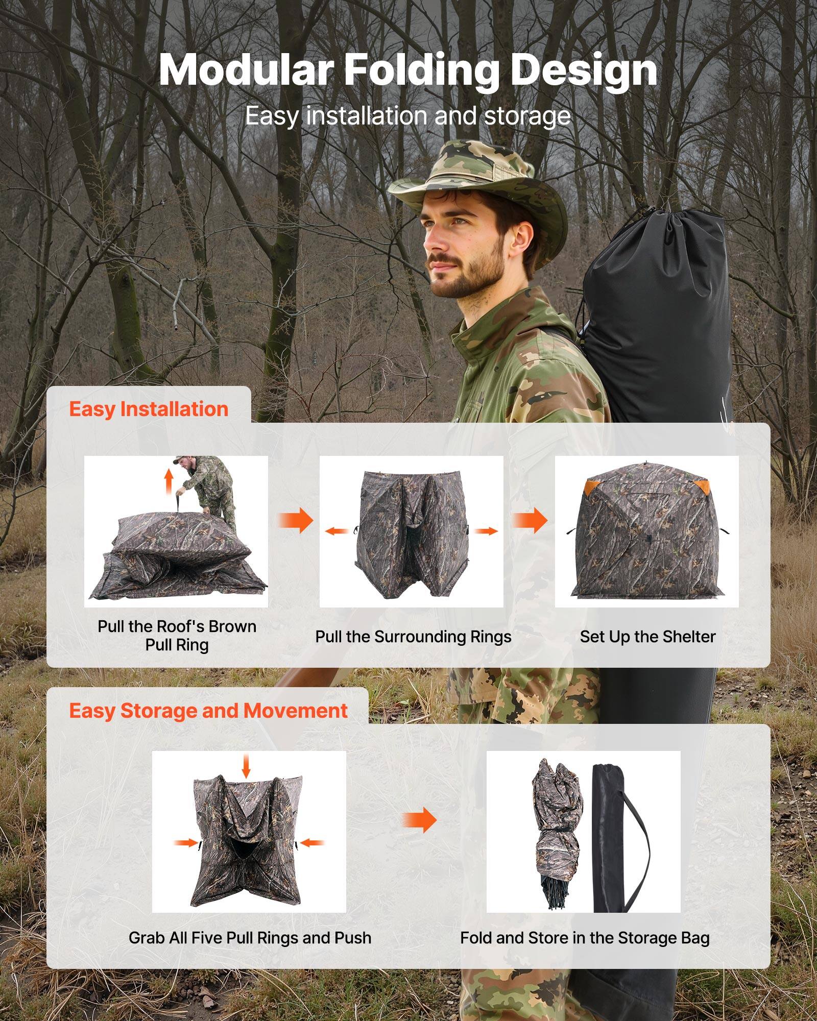 Modular Folding Design  
Easy installation and storage  

**Easy Installation**  
- Pull the Roof's Brown Pull Ring  
- Pull the Surrounding Rings  
- Set Up the Shelter  

**Easy Storage and Movement**  
- Grab All Five Pull Rings and Push  
- Fold and Store in the Storage Bag