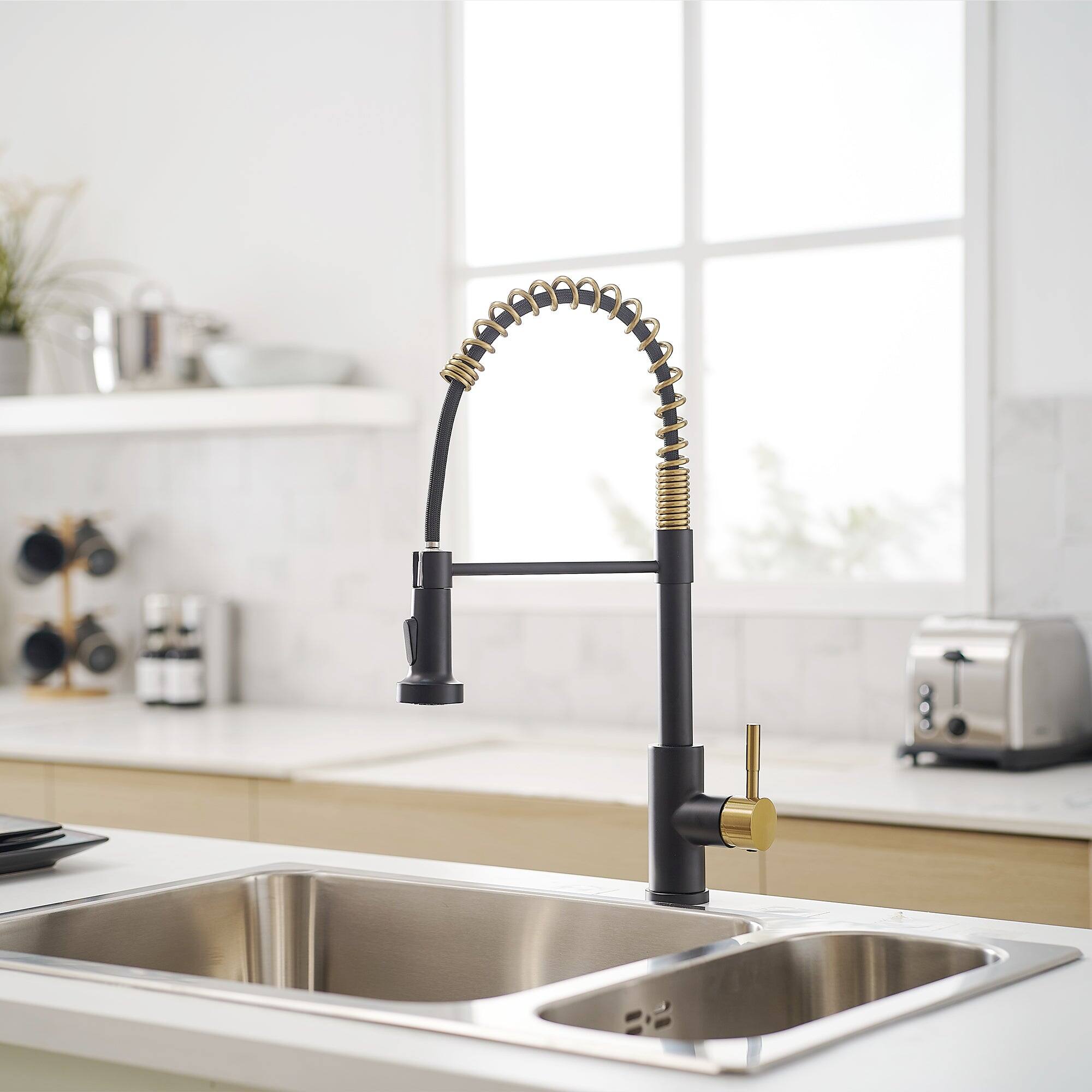 Alt View 5. Boyel Living - Matte Black with Brushed Gold Stainless Steel Pull Down Sprayer Kitchen Faucet with Water Supply Hoses - Matte Black with Brushed Gold.
