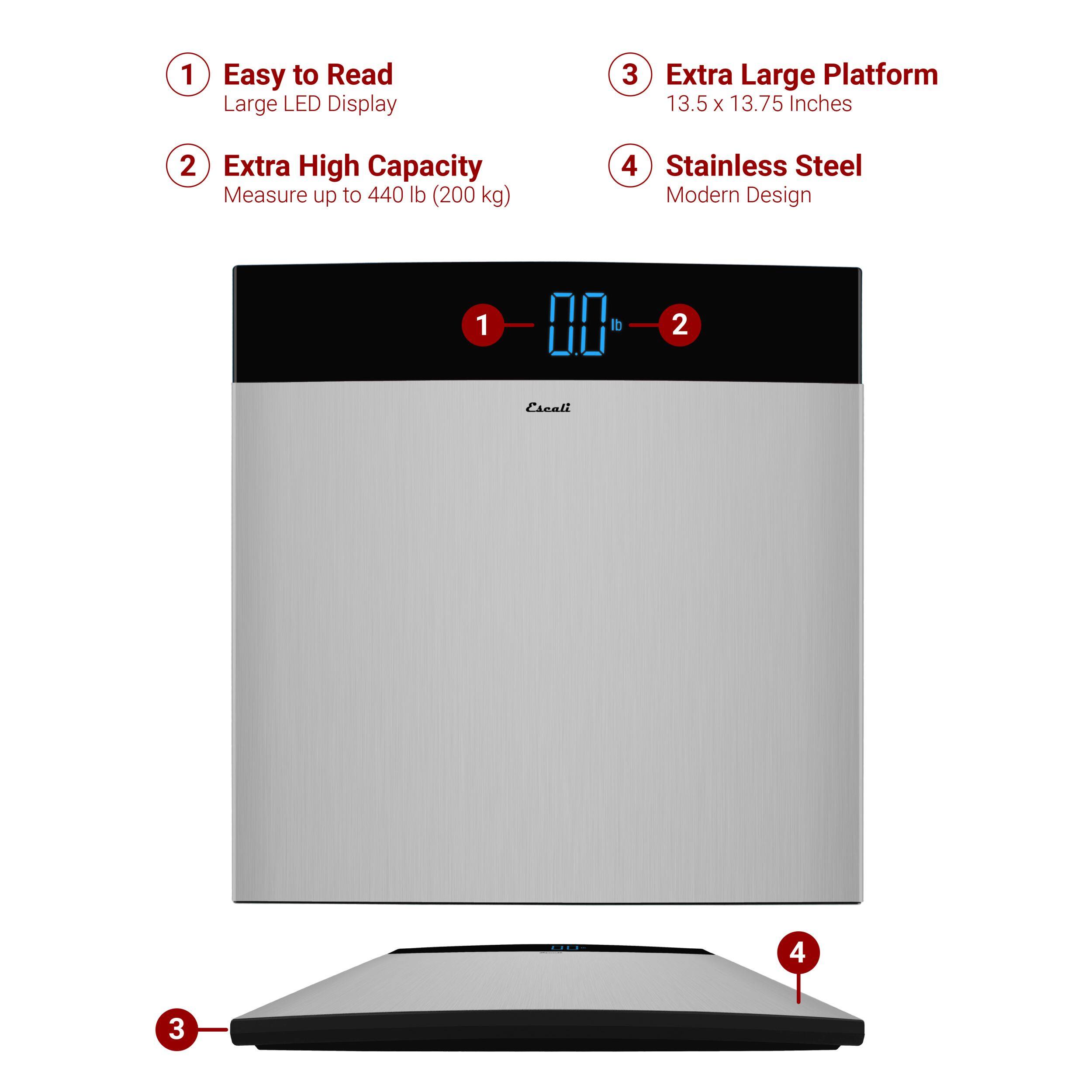 1. Easy to Read Large LED Display
2. Extra High Capacity Measure up to 440 lb (200 kg)
3. Extra Large Platform 13.5 x 13.75 Inches
4. Stainless Steel Modern Design