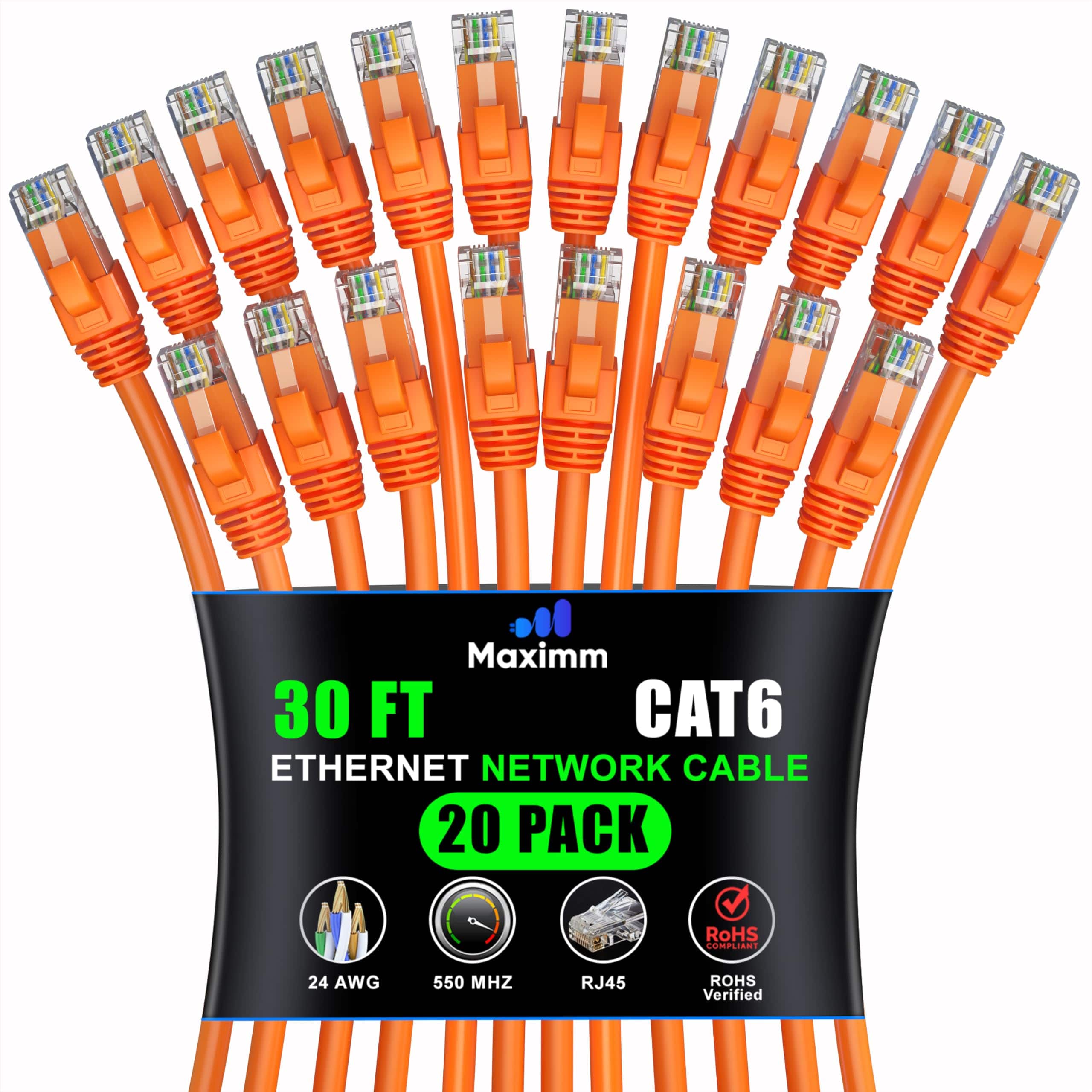 Maximm - Cat 6 Ethernet Cable 30 ft (20-Pack) - UTP, 10Gbps, 550MHz