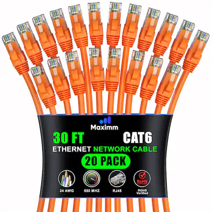 Maxim 30 FT CAT6 Ethernet Network Cable 20 Pack RoHS Compliant 24 AWG 550 MHz RJ45 RoHS Verified