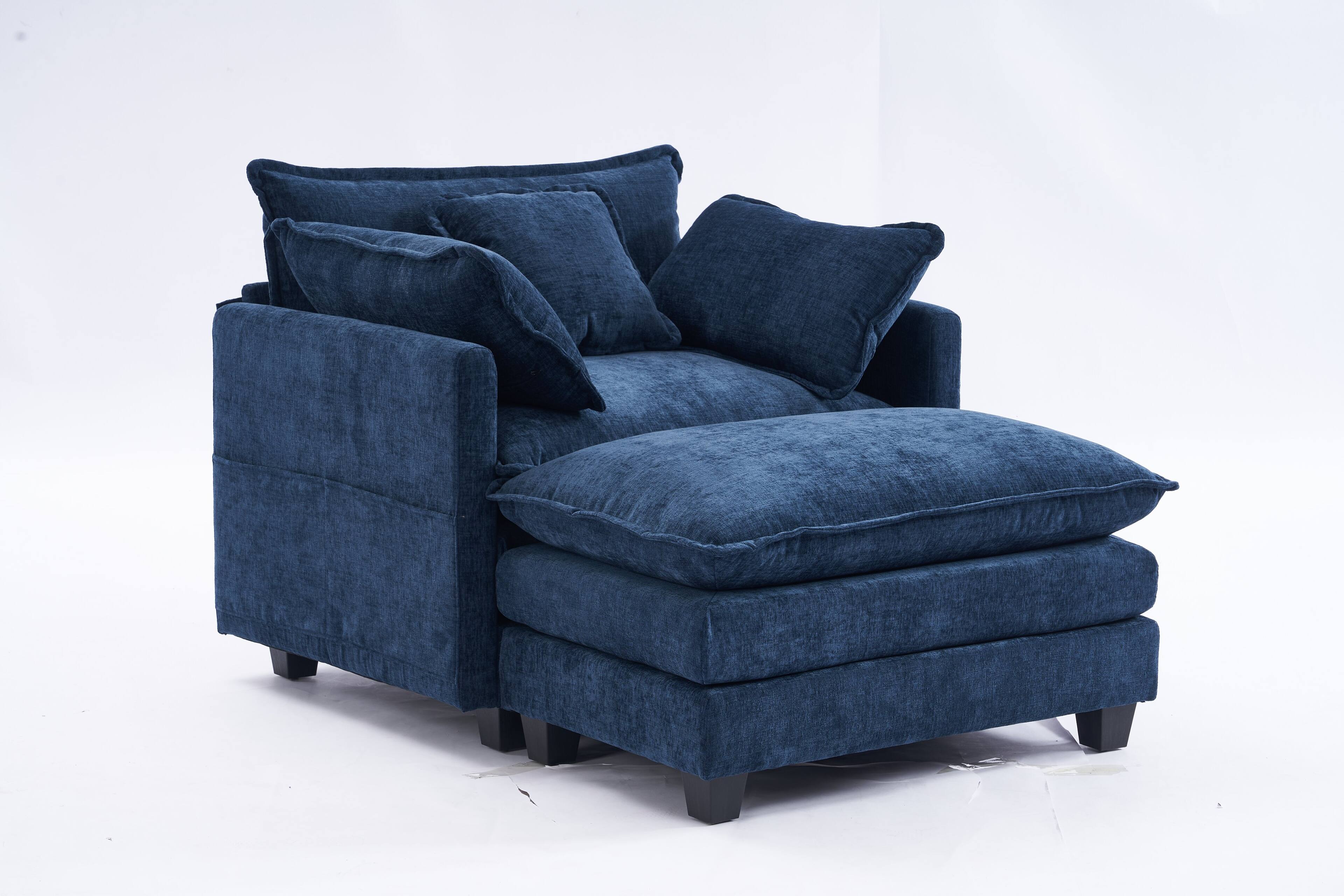 Angle. JUJABU - Blue Chenille Modular Single Sofa with Ottoman and Pillow for Living Room - Blue.