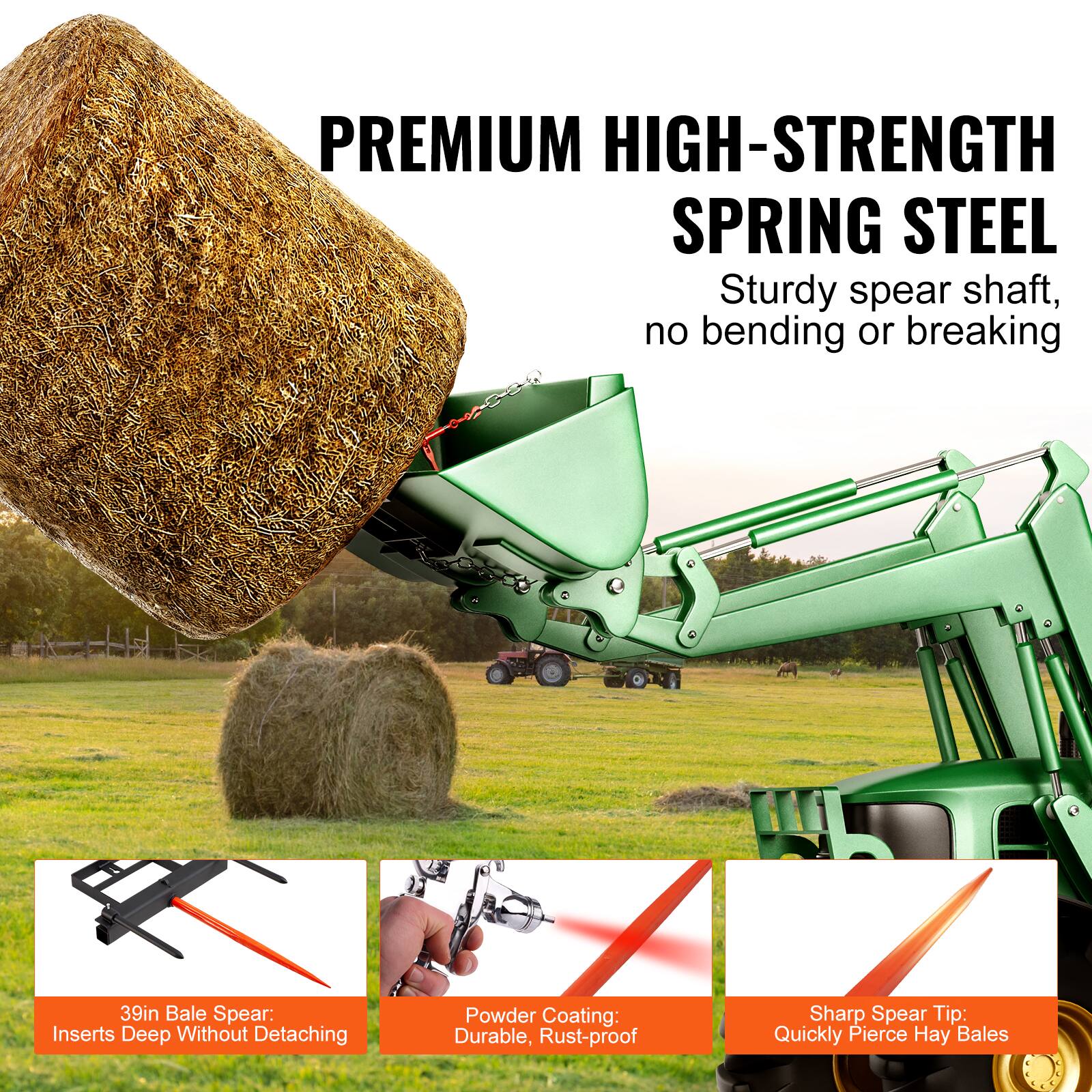PREMIUM HIGH-STRENGTH SPRING STEEL  
Sturdy spear shaft, no bending or breaking  

39in Bale Spear: Inserts Deep Without Detaching  
Powder Coating: Durable, Rust-proof  
Sharp Spear Tip: Quickly Pierce Hay Bales