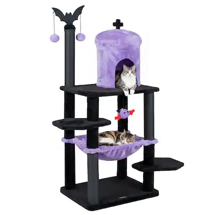 Front. Gymax - Gymax Gothic Cat Tree for Indoor Cats 51'' Spooky Cat Tower w/Castle House Hammock Purple & Black - Purple.