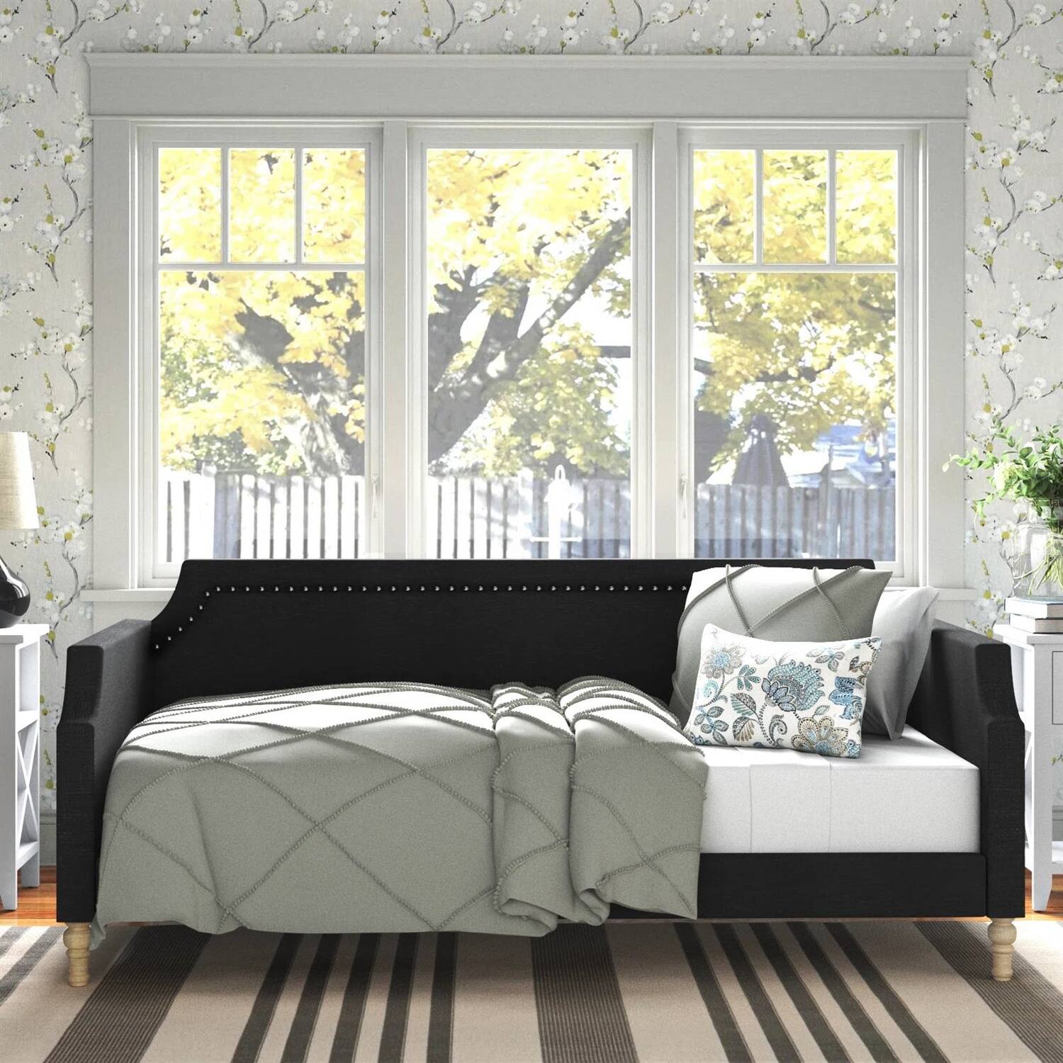 Back. Hivvago - Hivvago Twin size Polyester Fabric Upholstered Daybed with Nailhead Trim - Black.