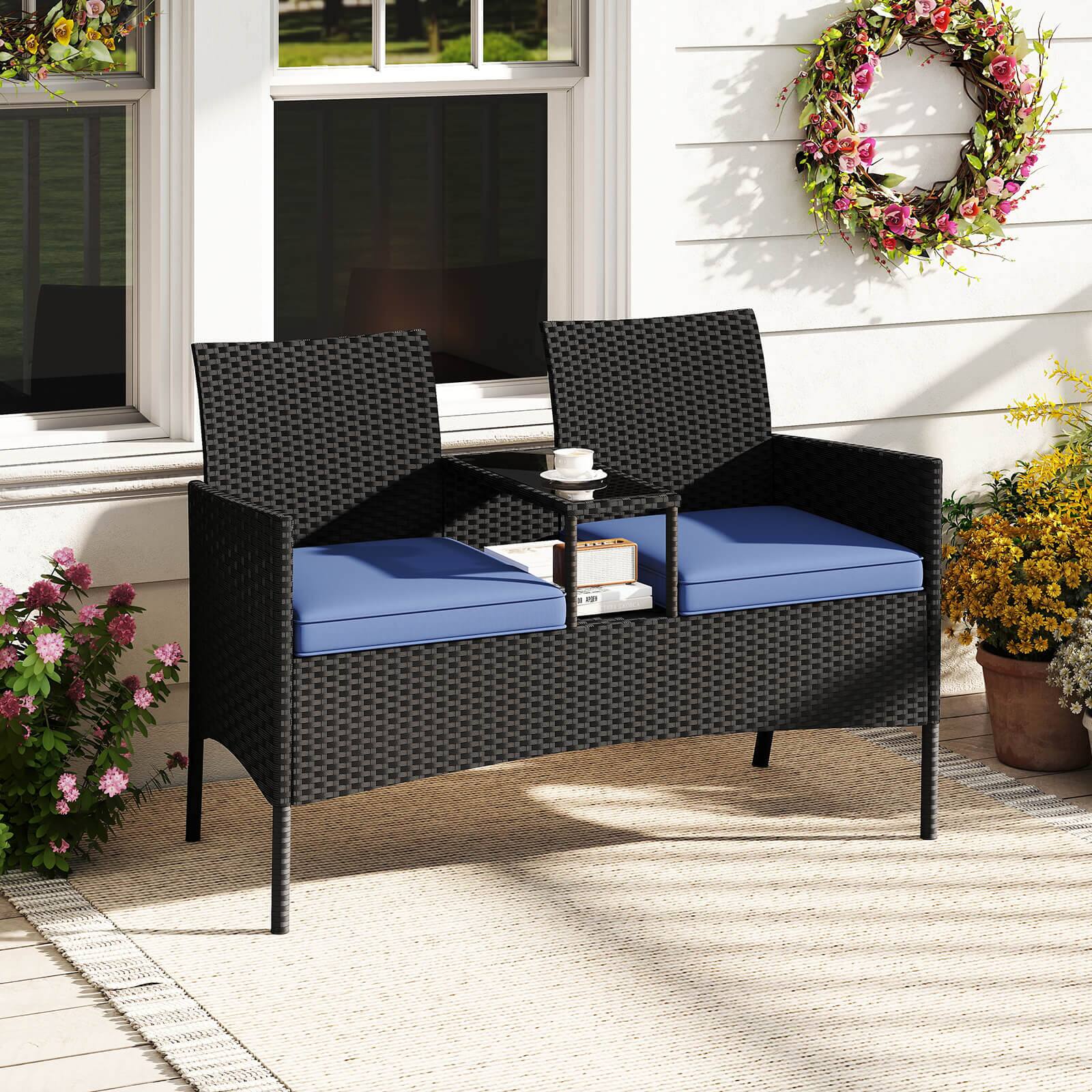 Alt View 1. Costway - Costway Patio Loveseat with Built-in Table Soft Cushions & Tempered Glass Tabletop - Navy.