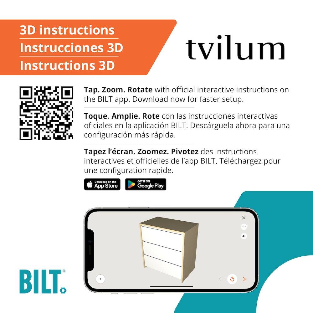 3D instructions  
Instrucciones 3D  
Instructions 3D  

Tap. Zoom. Rotate with official interactive instructions on the BILT app. Download now for faster setup.  
Toque. Amplíe. Rote con las instrucciones interactivas oficiales en la aplicación BILT. Descárguela ahora para una configuración más rápida.  
Tapez l'écran. Zoomez. Pivotez des instructions interactives et officielles de l'appli BILT. Téléchargez pour une configuration rapide.  

Download on the App Store  
GET IT ON Google Play  

BILT®