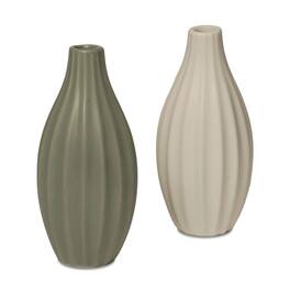 G128 - 2 Pcs 7.75 In Tall Modern Ceramic Vase Set Decorative Ribbed Vases Olive Green and Cream Elegant Home Decoration - Green, White