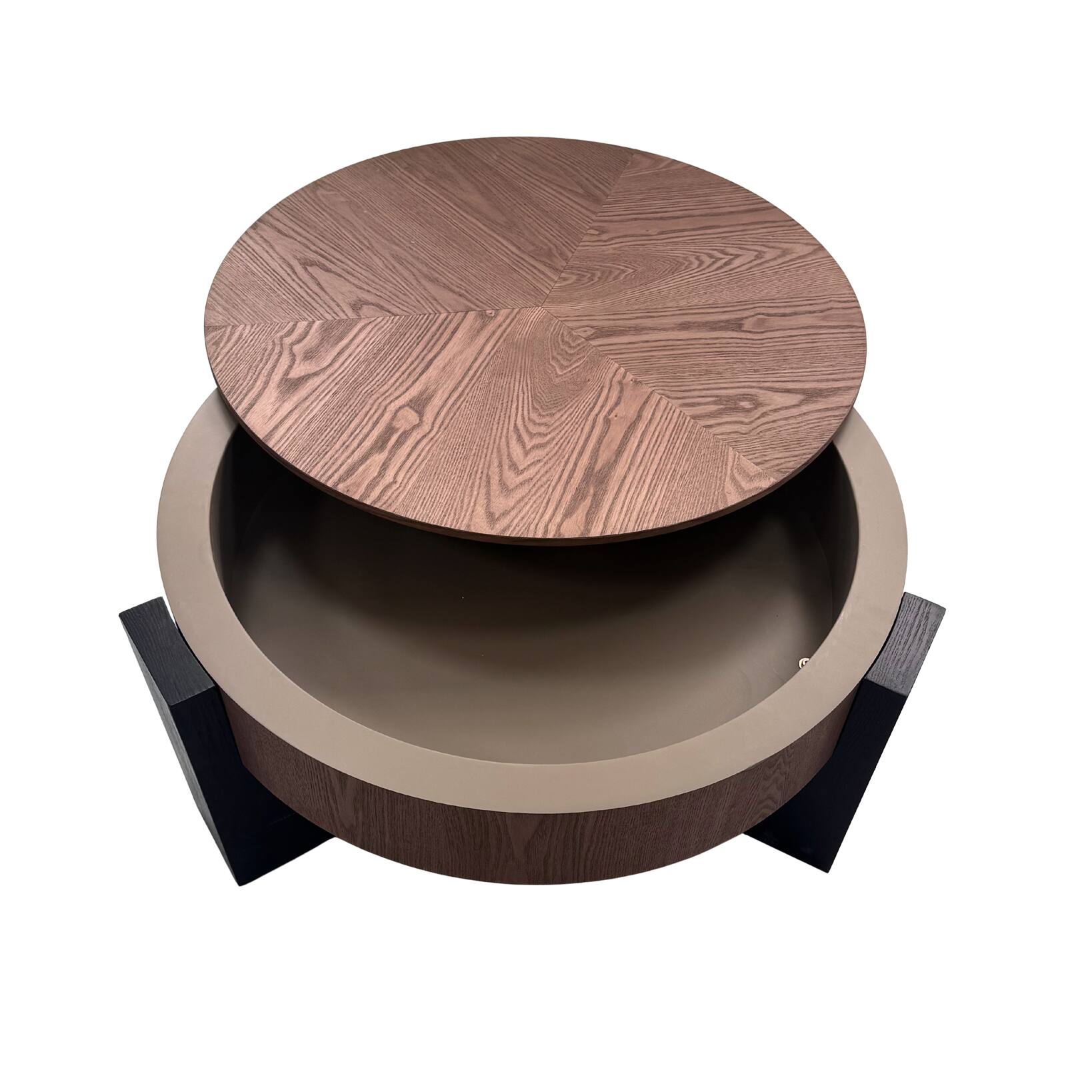 Alt View 9. Loheer - Loheer 33 Inch Round Coffee Table with Hidden Storage Wabi Sabi Wood Parquet Center Accent Table Walnut and Black - Walnut+black.