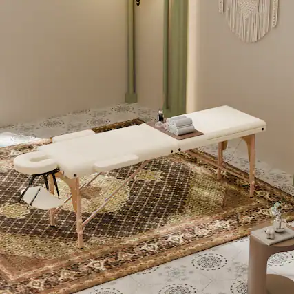 Front. Famapy - Portable Foldable Massage Table White – Adjustable Backrest & Face Cradle, Lightweight Spa Bed for Home, Salon, Therapy - White & Wooden.