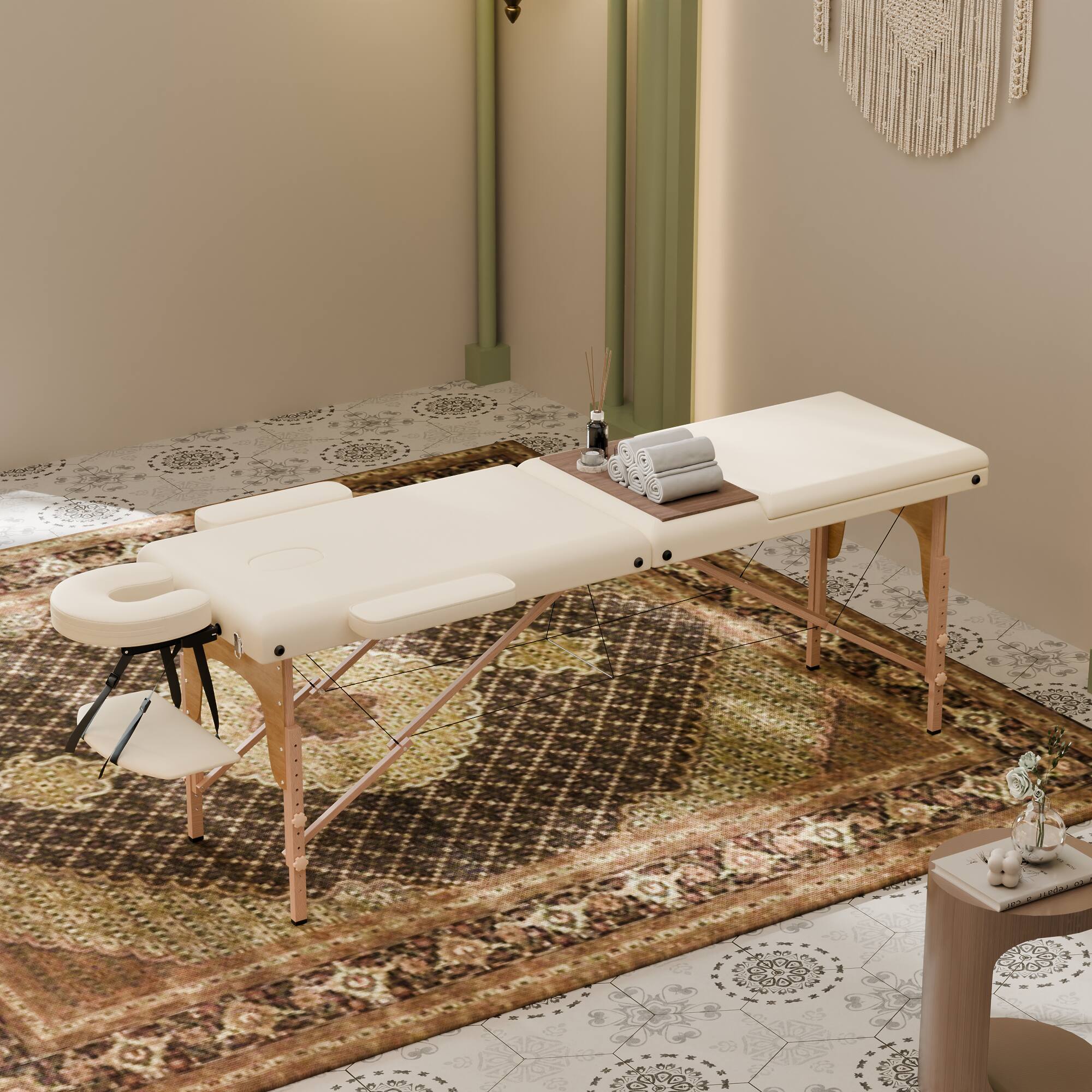 Front. Famapy - Portable Foldable Massage Table White – Adjustable Backrest & Face Cradle, Lightweight Spa Bed for Home, Salon, Therapy - White & Wooden.