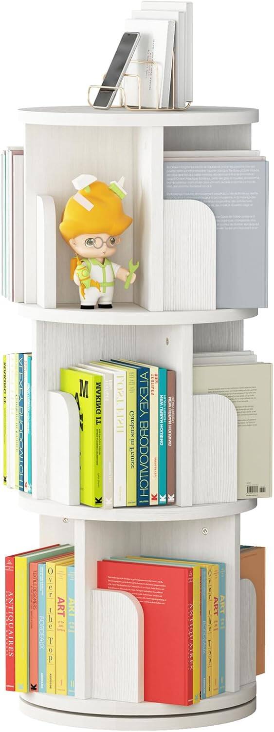 Acekool - 3-Tier Rotating Bookshelf with 360° Spinning Display, Wooden Corner Storage Rack, Space-Saving - White