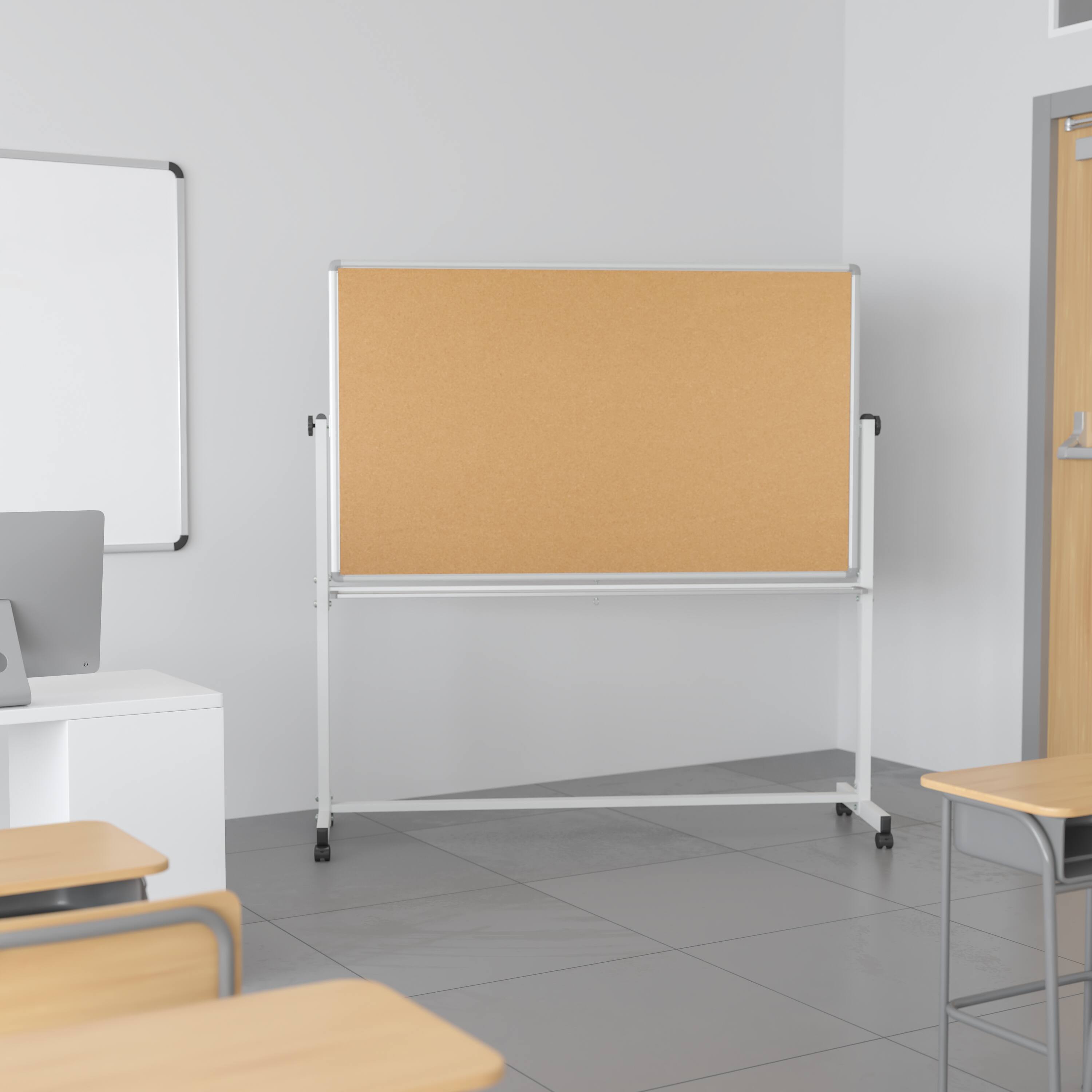 Alt View 1. Emma + Oliver - Reversible Mobile Cork Bulletin Board and White Board Stand with Pen Tray - Natural/White.