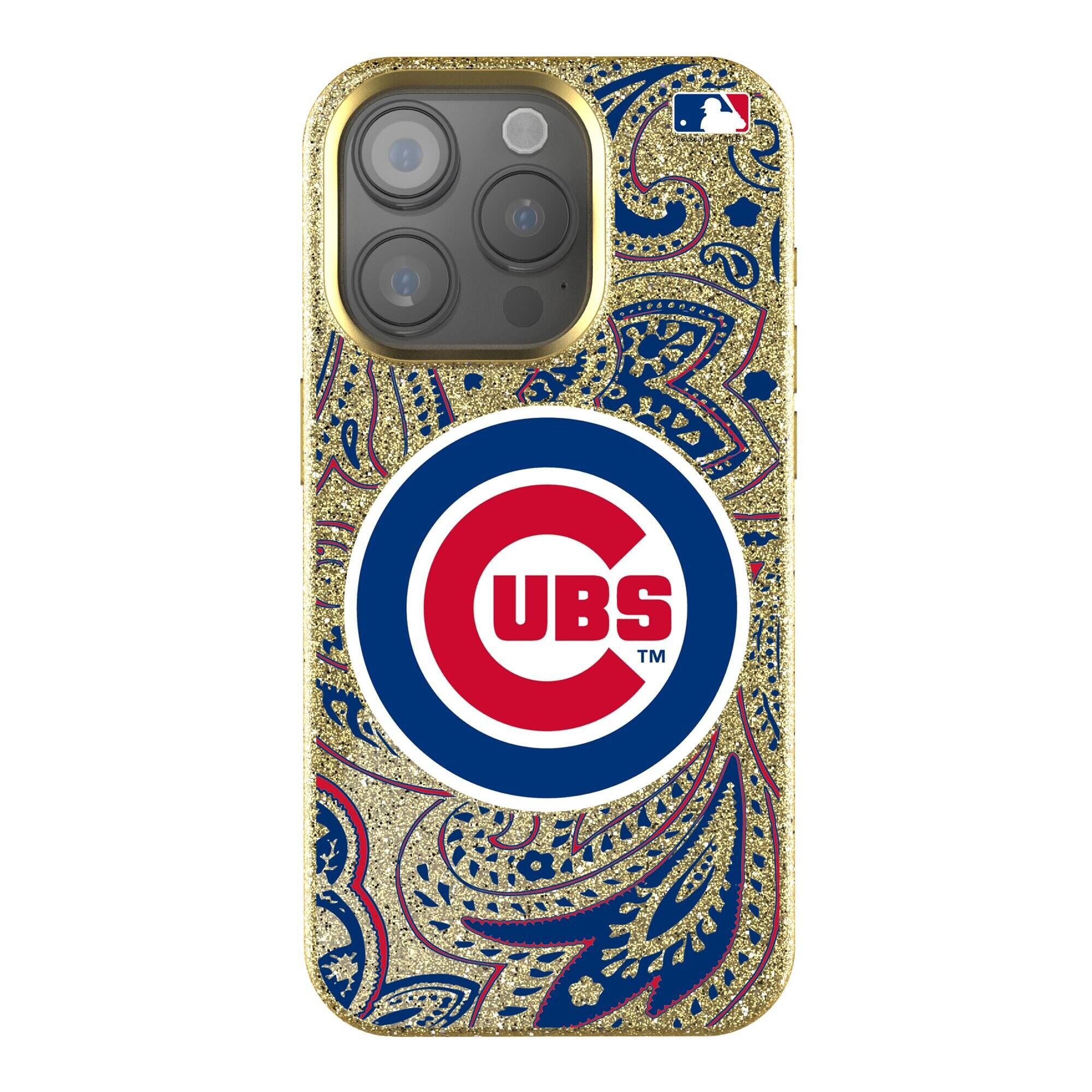 Front. Keyscaper - Chicago Cubs Paisley Bling iPhone Case - 16 Plus - Gold.