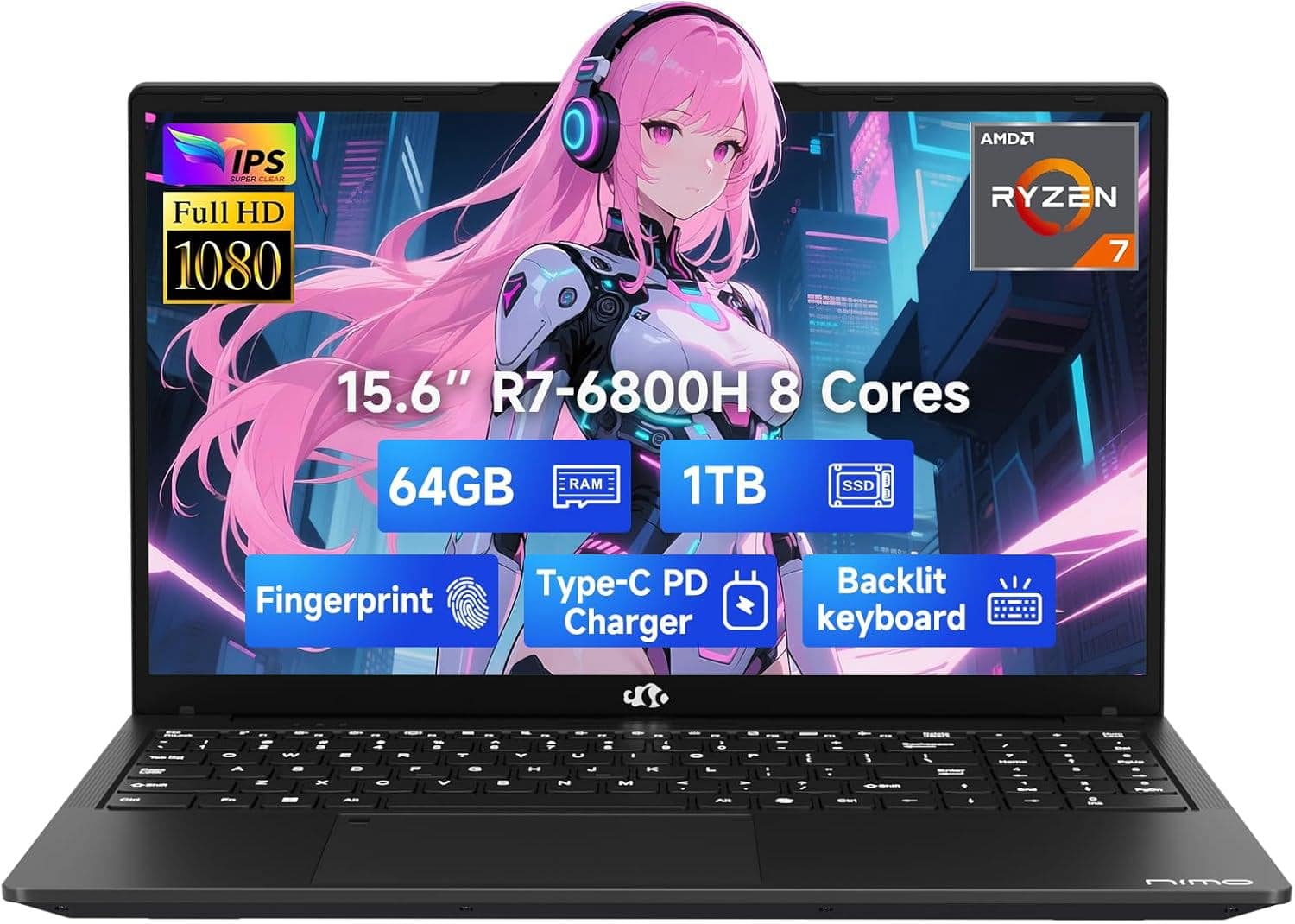 NIMO - 15.6" IPS FHD-Gaming-Laptop, 8 Cores AMD Ryzen 7 6800H 64GB DDR5 RAM 1TB SSD 4.7GHz Fingerprint 100W - Black