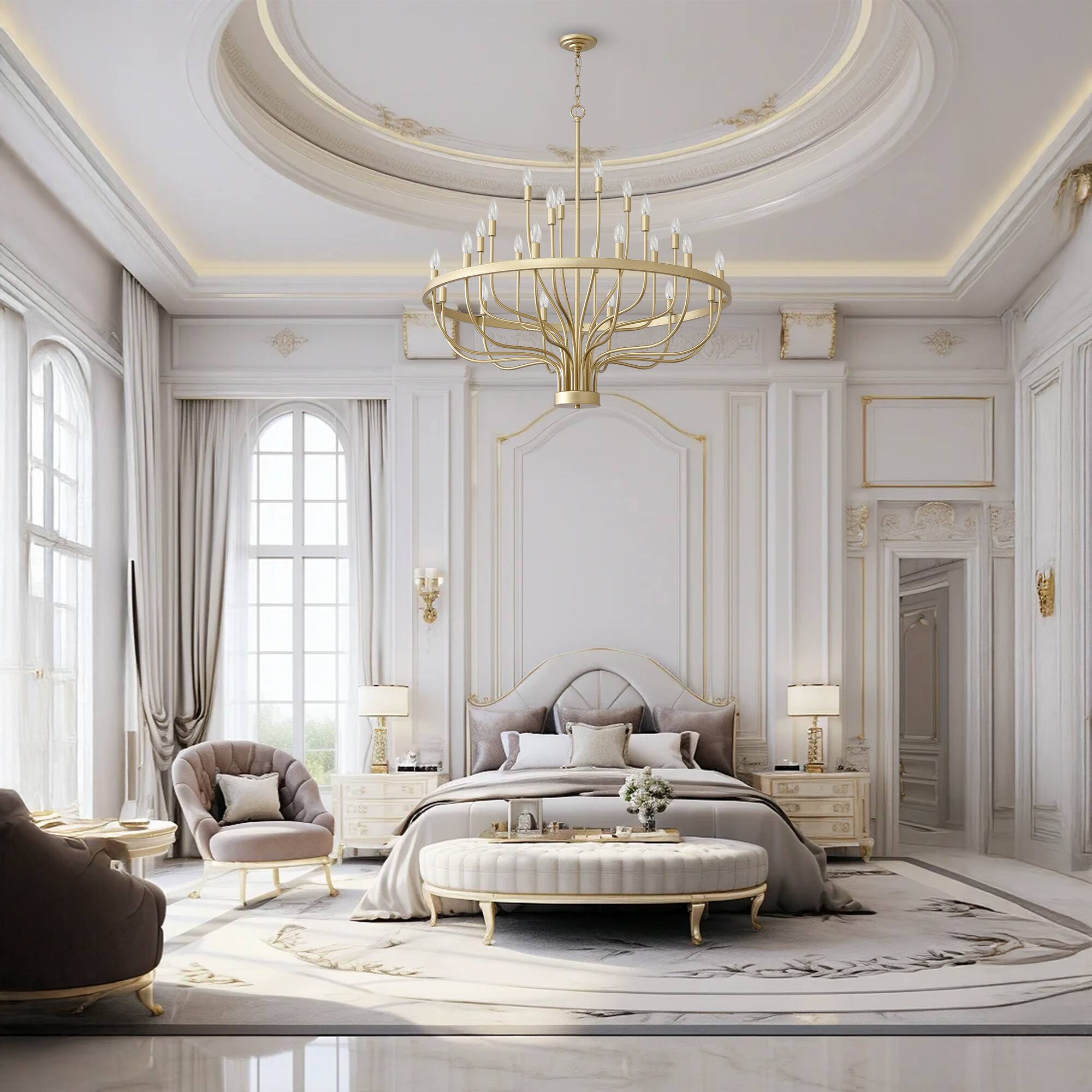 Back. RYHNUYNE - Gold Chandelier 24 Light Large Chandelier for High Ceilings 39.3in Farmhouse Wagon Wheel Chandeliers for Hallway Foyer - Gold.